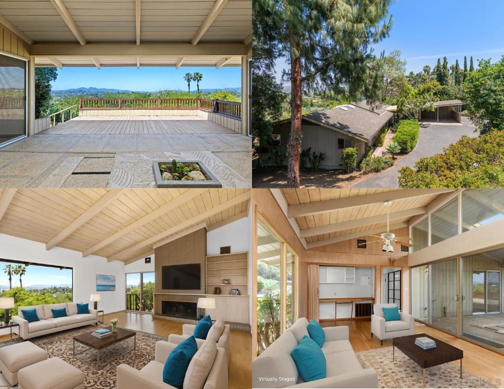 Charming contemporary style one-level home with detached guest house on 1.4 acres within walking distance of downtown Escondido. Main home features 2 large bedrooms plus a room that could be used as a 3rd bedroom. Enjoy panoramic views thru the dramatic picture window in the living room and from the huge back patio and deck. The guest house is totally separate and private from the main home. It has a full bath, kitchenette, large private back deck and separate driveway for parking.