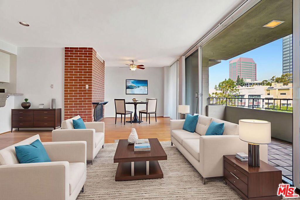Welcome to this prime Westwood location, just steps from Westwood Village and within walking distance of UCLA. This charming one-bedroom, one-bathroom condo is located in Westwood Garden, a mid-century building with 60 units, designed by Oscar Altman, an architect and amateur sculptor. His custom work is featured in the atrium of the building. This spacious, light-filled top-floor front unit boasts hardwood floors throughout. The living room features a built-in fireplace and opens to a large balcony offering city views, ideal for afternoon tea or seamless indoor/outdoor living. The kitchen, with its breakfast bar, is adjacent to the dining area and flows naturally into the living space. The generously sized bedroom can easily accommodate a king-sized bed and a work area. The building offers excellent amenities, including a spa, pool, rooftop deck, recreation room, and community laundry facilities on each floor. The unit comes with one covered parking space in a gated garage and a personal storage cabinet. Monthly HOA dues cover water, gas, and high-speed cable internet. Ideally located near the freeway, with easy access to dining, movie theaters, and UCLA, this is a truly exceptional opportunity in one of Westwood's most sought-after areas. Do not miss the chance to look at this condo.