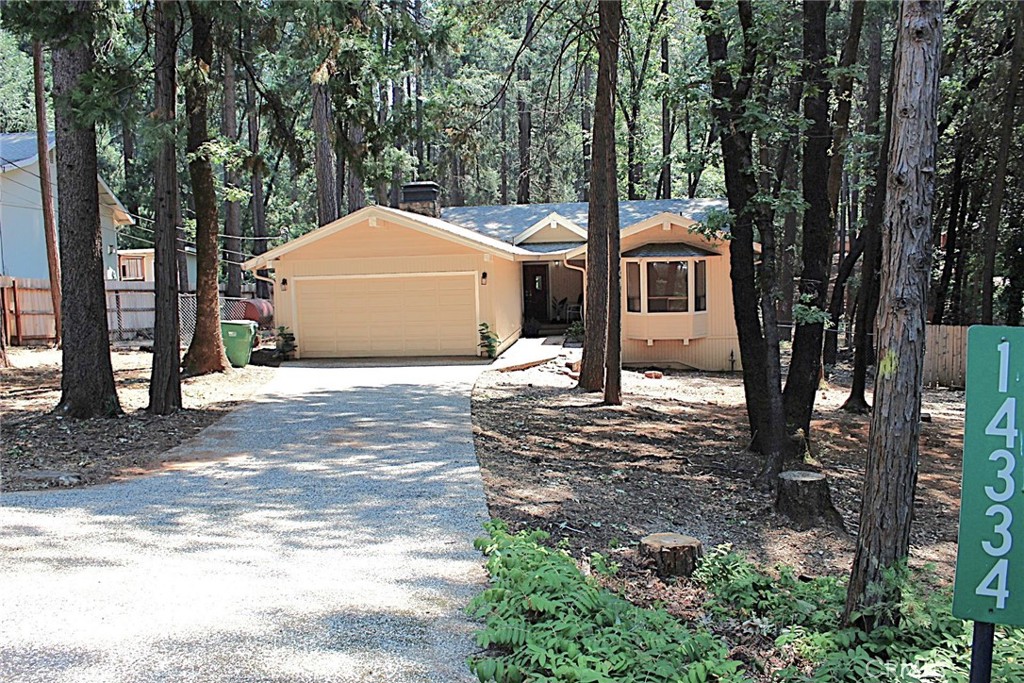 Welcome to this 2 bedroom, 2 bath plus den/office home in Magalia. This may be the one your looking for. It sets back off the road with an aggregate driveway and backs up to the green belt area for more distance between neighbors and a little more privacy. The covered front porch and double front door entry invite you in to a warm setting with vaulted wood beam ceilings. The Living room and dining area have newer updated laminate flooring. The kitchen has tile flooring, built in range, oven, microwave and a newer stainless dishwasher and refrigerator. There is a large deck just outside the dinning room for enjoying your coffee in the morning, or dinners in the summer evenings. What a peaceful way to start or end your day relaxing! The primary bedroom offers a bay window with seating and mirrored closet doors. The primary bath offers a newer tiled shower, a large jetted tub, tile flooring, dual sinks with solid surface counter top, and recessed lighting. The second bedroom also has a bay window with recessed lighting. The guest bath has solid surface counter top, tile flooring and a tub/shower combination. The finished 2 car garage has the laundry area, washer & dryer included in sale. The home has been set up for a portable generator system. The Heat and Air system was updated around 2017 we were told and recently cleaned. Sold with/or without some furnishings, buyers choice. The back yard is fenced with double gates on one side. As part of the property owners association, you will have access to bocce ball, tennis courts, kids playground, club house, swimming pools, hiking trails and more. There are lots of events that happen throughout the year too. Call your agent to see this home soon!