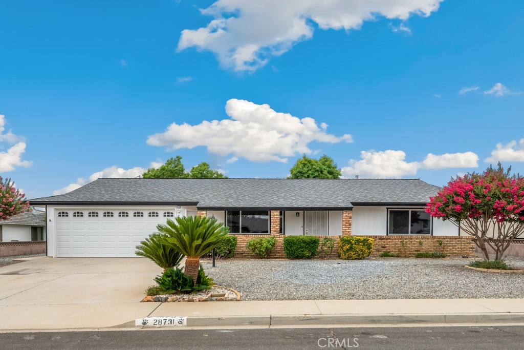 Move in ready single level home located in the desirable Sun City community is ready to be made yours and offers great curb appeal with easy, low maintenance landscaping/rockscape a spacious floor plan with wood flooring, a bonus room, and an attached 2-car garage! Enjoy the covered porch before entering the home where you are greeted with an abundance of natural light in the living room with ceiling fan. The living room flows into the dining area which sits just off of the kitchen with wood cabinetry and laundry room with extra storage space. The bonus room sits just past the kitchen and dining area and has a ceiling fan, a sliding glass door to the backyard and a side door. There are 2 generously sized bedrooms, the massive primary suite offers a private bathroom with shower and there is also a hall bathroom for the secondary bedroom and guests to share. Enjoy the large private backyard with pergola to relax under as well as well manicured landscaping/rockscape - this is the perfect space for relaxing or entertaining guests. Residents also get to enjoy community amenities including swimming pools, a tennis court, rec room, and more! Conveniently located not far from shopping, dining, and the 215 Fwy. Schedule your private tour today!