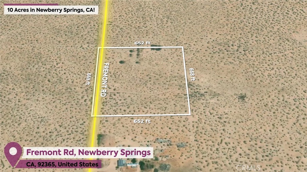 10 acres of land in Newberry Springs, CA! This quiet, affordable town offers plenty of space and a laid-back lifestyle, making it a great place to live or invest. Located along Interstate 40, it's close to Barstow and within reach of Las Vegas and Los Angeles. Known for its fertile volcanic soil and aquifers, the area is ideal for farming, with many pistachio and alfalfa farms nearby. Outdoor enthusiasts will love the opportunities for off-roading, fishing, and hiking, as well as unique attractions like Bottle Tree Ranch. The property is conveniently located near both the I-15 and I-40 freeways and close to historic Route 66. Power is available nearby at the neighbor's property, and water access would require drilling a well. Secure your lot today while land is still affordable in the area!
This property does not have an address assigned "726 Fremont Rd" is for listing purposes only.
APN# 0531-151-16-0000
Coordinates: 34.853363 / -116.627275