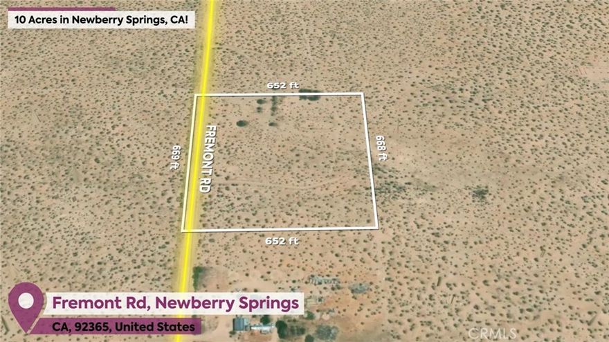 10 acres of land in Newberry Springs, CA! This quiet, affordable town offers plenty of space and a laid-back lifestyle, making it a great place to live or invest. Located along Interstate 40, it's close to Barstow and within reach of Las Vegas and Los Angeles. Known for its fertile volcanic soil and aquifers, the area is ideal for farming, with many pistachio and alfalfa farms nearby. Outdoor enthusiasts will love the opportunities for off-roading, fishing, and hiking, as well as unique attractions like Bottle Tree Ranch. The property is conveniently located near both the I-15 and I-40 freeways and close to historic Route 66. Power is available nearby at the neighbor's property, and water access would require drilling a well. Secure your lot today while land is still affordable in the area!

This property does not have an address assigned "726 Fremont Rd" is for listing purposes only.

APN# 0531-151-16-0000

Coordinates: 34.853363 / -116.627275