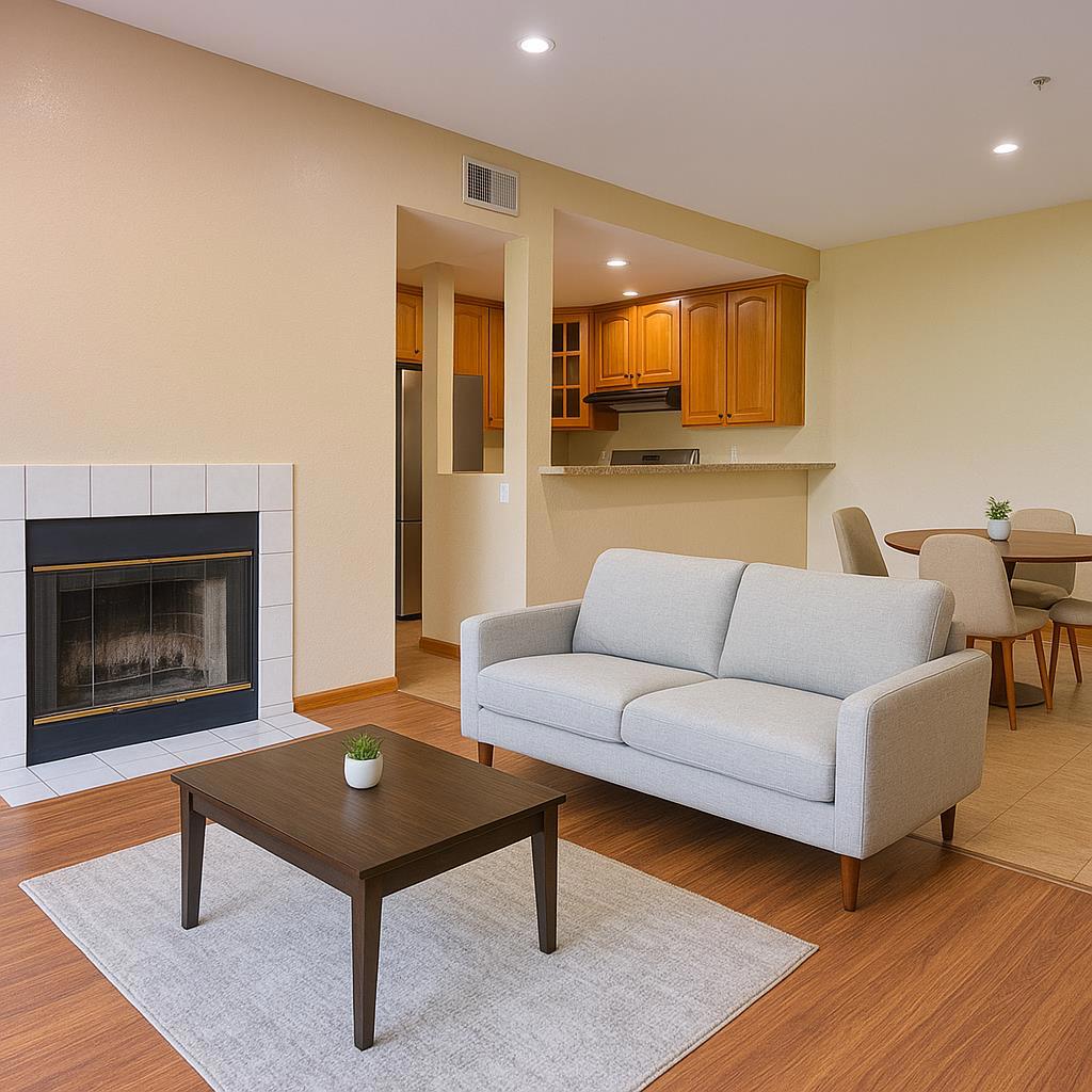 Discover the charm of this inviting home nestled in the vibrant city of Hayward. Spanning 1,007 square feet, this residence offers a spacious layout with 2 comfortable bedrooms and 2 full bathrooms. The heart of the home is the kitchen, seamlessly connected to the family room in a welcoming kitchen/family room combo, perfect for everyday living and entertaining. Enjoy meals at the convenient breakfast bar, adding a touch of casual elegance to your dining experience. The home is equipped with central AC for year-round comfort and forced air heating to keep you cozy during cooler months. Revel in the warmth of the fireplace, creating a cozy ambiance for relaxation. A dedicated laundry area is included for your convenience. The property is situated in the Hayward Unified School District. Additional amenities feature a community facility with an in-ground pool, enhancing your leisure options. A single garage space completes this well-rounded offering. Images are digitaly staged.