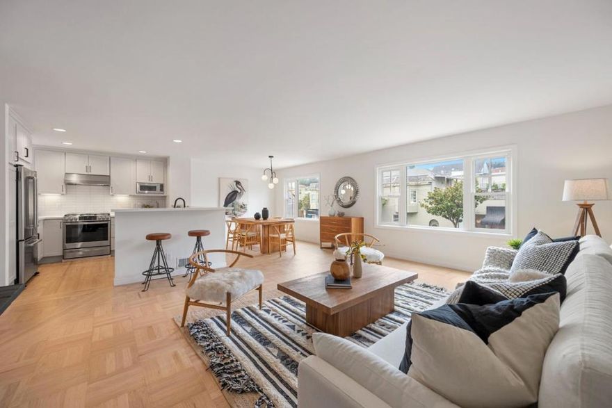 Steps to everything Noe Valley has to offer!  24th Street Shops, cafes, and restaurants, w/ a 95 WalkScore, this modern 2BR flat has it all!  Handsome, mid-century building welcomes you into a light filled, open floor plan.  Living, dining and kitchen spaces flow together surrounded by windows.  Professional updated kitchen with newer cabinets, stainless appliances, quartz countertops, ceramic tile backsplash, a breakfast bar, and plenty of work and storage space.  The spacious living room is bathed in natural light.  There are two generous bedrooms and a full tiled bath.  Expansive, verdant, and colorful shared backyard with deck and lawn spaces surrounded by mature landscaping.  Exclusive use washer and dryer in the garage.  Newly finished warm wood floors.  New roof (2024).  Deeded side-by-side garage parking.  Steps to Saru Sushi, tech shuttles, the J, BART, and other major MUNI lines.  Minutes to 280/101 freeways and SFO.  Stroll the Saturday farmers market!  Enjoy Noe Valley's bustling community!  43% TIC ownership in 3-unit building.