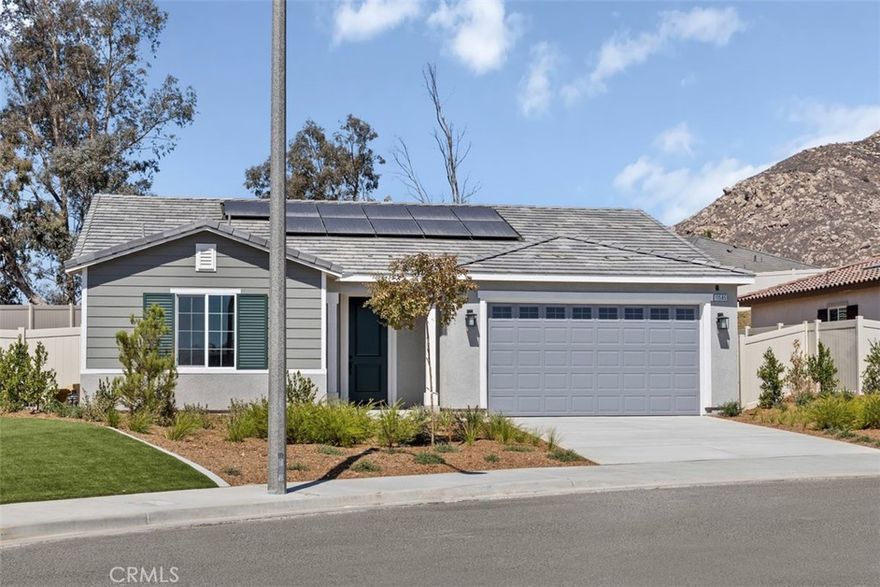 Beautiful New Palmetto community by KB Home in the Inland Empire. 104 home-sites nestled into the hills of Moreno Valley, an all-single story community. When is the last time you saw an all-single-story community being built with large lots. This home has 4 bedrooms, 2 baths and a double door den perfect for an office, workout room, baby play area and so much more. it has a huge open living space and kitchen with lots of upgrades including vinyl plank in most of the house and some carpet as well. Beautiful kitchen with granite countertops, stainless steel appliances and more. spacious primary bedroom and bath with separate tub & shower and a large over 12,000+ sq. ft. lot with much of it being in the back yard, Nestled in the hills off of the Nason and Moreno Beach side of Moreno Valley where tons of new shopping and dining, you'll have convenient access to the shops as well as freeway access. This is the last plan of this size available and is the biggest yard still remaining in the community.



 Photo is a rendering of the model. Buyer can either lease or purchase the Solar.