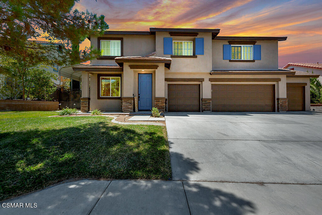Spacious Home nestled at the end of a peaceful cul de sac. This impressive two-story residence, built in 2005, offers 4 bedrooms and 3 full bathrooms across a generous 3,800 square feet of living area on a 10,000 square foot lot.A well-appointed kitchen and casual dining space support family gatherings with ease. Elegant dark walnut flooring paired with granite countertops and custom closets throughout. A dramatic fireplace anchors the family room, while ample natural light enhances formal living spaces. Rare main-floor bedroom and full bath, ideal for multi-generational living or as a guest suite. A luxurious primary suite with a private retreat area and deluxe bath. Upstairs BONUS room with 120 inch movie screen and projector. Extended patio cover provides an ideal area for outdoor entertaining, 4-car garage, plus gated RV access behind elegant steel gates.Solar.