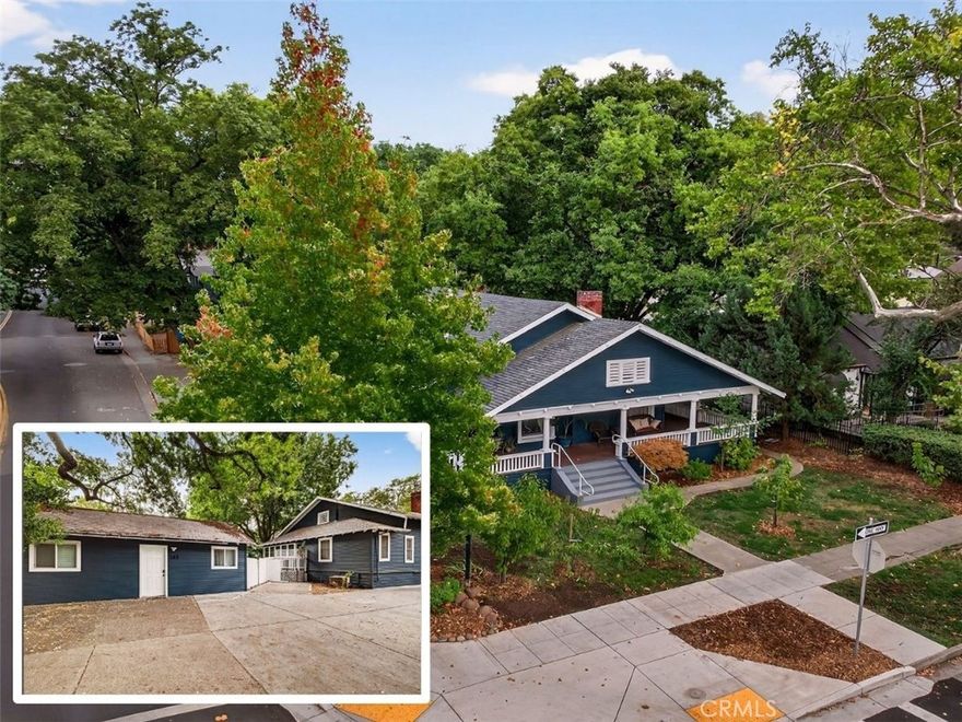 Discover a rare investment opportunity with two charming homes on a popular corner Chico lot, each currently operating as successful Airbnbs!

The main home, built in the 1920s, showcases timeless character with soaring ceilings, beautiful original hardwood floors, and a bright sunroom overlooking the pool with all-new windows. The thoughtful floor plan includes multiple bathrooms—one fully remodeled to be handicap accessible with railings and a ramp. Recent upgrades bring peace of mind, including brand-new exterior paint, a Trexdecking front porch, and a replaced $15k sewer line. Adding to the property’s appeal is a huge wrap-around porch and an abundance of fruit trees—peach, cherry, and fig—that create a welcoming outdoor atmosphere.

The sparkling pool was resurfaced just last year and includes a brand-new pool sweep, creating the perfect summer retreat. At one time, the home was configured as an 8-bedroom property, offering easy potential to convert back for additional rental income.

The permitted cottage, once a garage, has its own address and is currently an Airbnb favorite. It offers private a spacious room with murphy bed, windows showcasing pool and neighborhood, a full bathroom and a kitchenette. It also has an on-demand hot water heater and a newer split HVAC system for comfort year-round.

Whether you envision multi-generational living, a live/work setup thanks to the commercial zoning, or simply continuing its use as income-producing vacation rentals, this property offers unmatched versatility. Both homes enjoy private layouts, updated amenities, and flexible use options—live in one while renting the other, use or rent out one of the homes for commerical useage or maximize investment potential by running both as rentals.

With onsite parking, handicap-friendly updates, and prime proximity to Downtown Chico, Bidwell Park, schools, restaurants, and shopping—plus the unbeatable location just one block from Chico State and four blocks from Enloe Hospital—this property is as versatile as it is valuable!