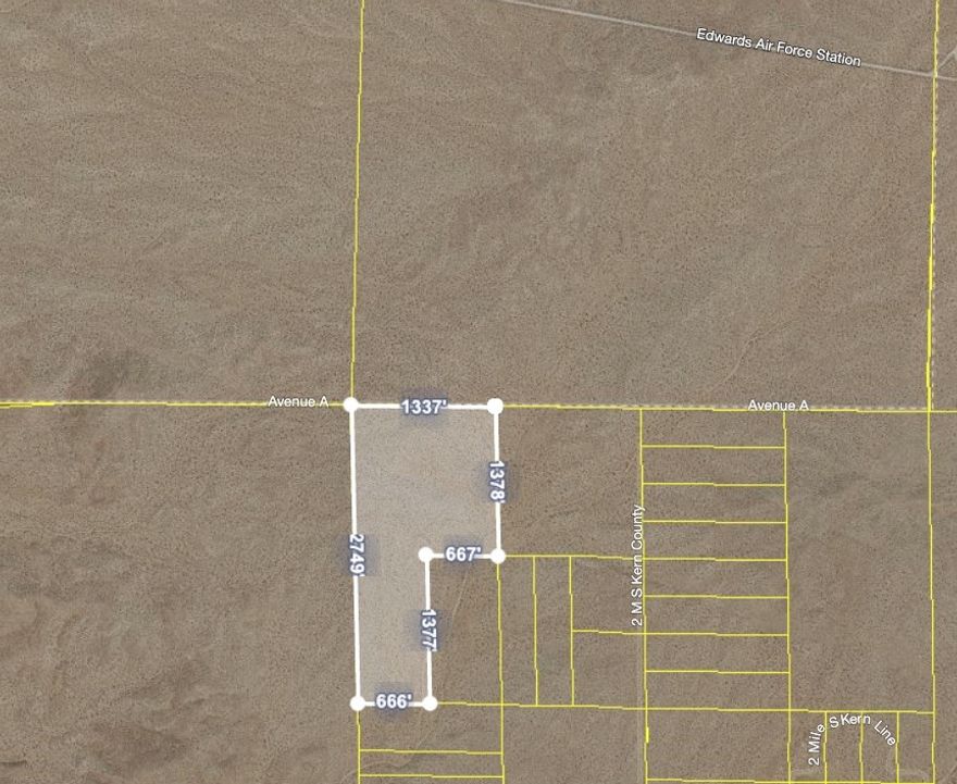 Massive 61-acre land parcel for a tremendously cheap price, only $972 per acre! This land is located within San Bernardino County, on the border of LA County. It's bordered on 2 sides by land owned by the government, with Edwards AFB located to the northwest of this property. The northern edge of this land is considered to be Avenue A, and an old dirt road runs along its path, so this property is believed to be accessible. This property is a tremendous value for someone looking to purchase a lot of land for a cheap price. It may make a great location for desert recreation, such as off-roading or camping. It may also be suitable for someone looking to start a farm, park mobile homes, store items, or simply hold the land for the future. Land in Southern California is rarely available at $972 per acre, making this an opportunity that you won't want to pass up!