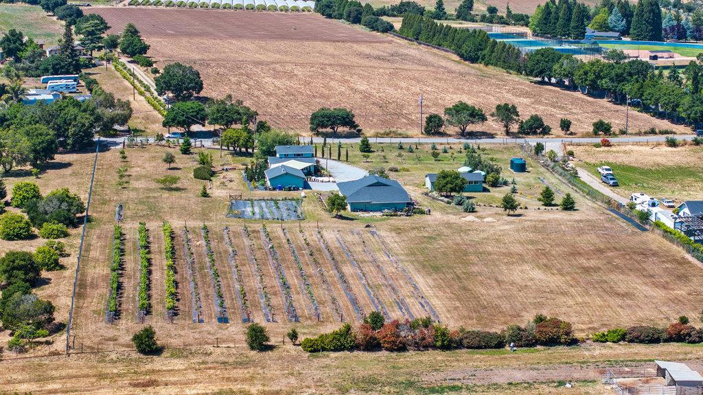 Discover a rare opportunity at 261 Wheelock Rd, a tranquil 4.93-acre estate offering privacy, natural beauty, and endless potential. Zoned Residential Agricultural (RA), the land provides ample space for agricultural pursuits, equestrian facilities, or the development of a private estate. With over 200 feet of frontage along Wheelock Rd, the property offers easy access and visibility, making it ideal for various ventures. The land is already thriving with approximately 2 acres of vineyard planted with Zinfandel, Chardonnay, Pinot, and Merlot grapes. A flourishing orchard with 28 fruit trees produces pears, lemons, cherries, apples, oranges, persimmons, pomegranates, and figs. The garden is currently yielding squash and lettuce, with tomatoes, corn, peas, and cabbage on the way. All planted areas are irrigated, and additional chestnut and walnut trees further enhance the property's agricultural charm. The existing structures include a functional office space and storage areas, suitable for immediate use or future redevelopment. A detached garage, barn, and outbuilding provide flexible options and impressive upside potential. Schedule a time to walk the property and come see this very special piece of land and home!