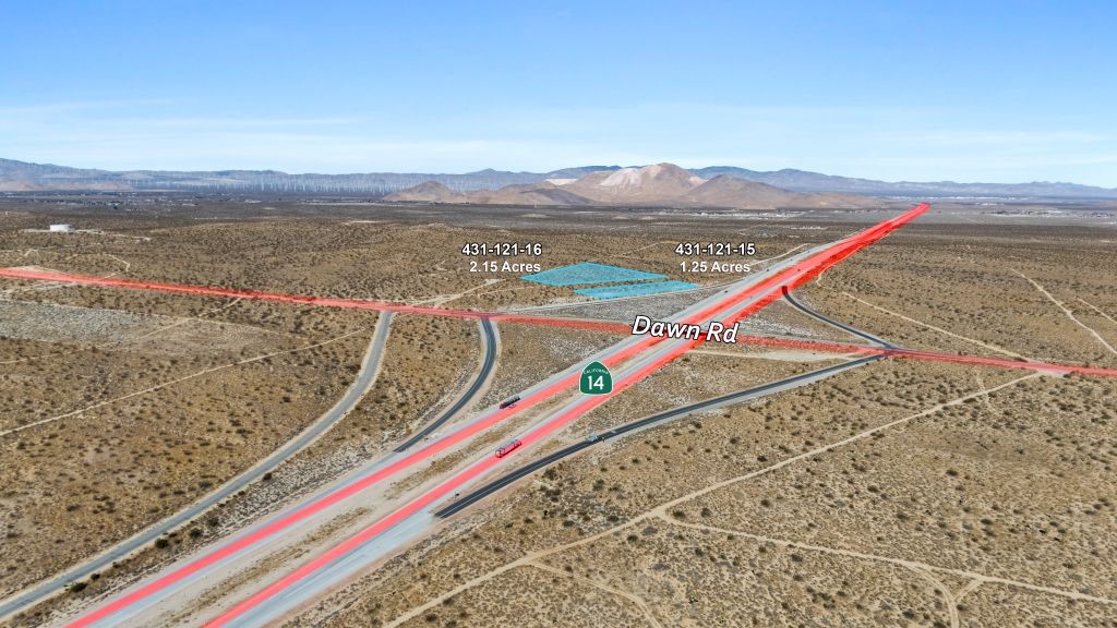3.4 Acres Vacant Land – Hwy 14 & Frontage Rd, Rosamond, CA 93560
Commercially zoned (A-1) vacant land located at the hard corner of Hwy 14 and Dawn Rd in Rosamond. The parcel offers direct access from the Dawn Rd freeway exit and frontage along both Highway 14 and 20th Street West.
The lot is unimproved and suitable for a variety of commercial or agricultural uses, including potential development for retail, service stations, logistics, or highway-oriented businesses. Nearby amenities include existing commercial centers, residential neighborhoods, and regional traffic from Hwy 14.
Power and gas are available at the street.
Property Details:
Zoning: C2 (Commercial)
Location: Hwy 14 & Dawn Rd exit, with 20th St W exposure
Access: Direct from freeway exit and public roads
Utilities: Power and gas at street (buyer to verify)
Lot status: Unimproved
Use: Commercial/agricultural development potential (buyer to verify with county)
Buyer to verify all zoning, land use, and utility availability with the appropriate agencies.