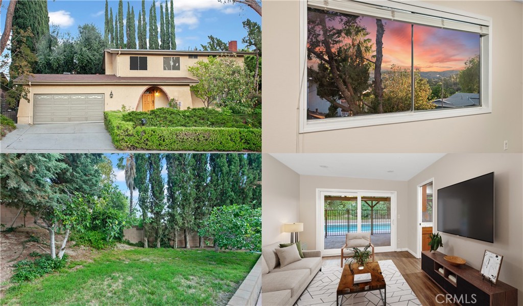 This beautiful home with treetop, mountain, and sunset VIEWS and OVERSIZED PRIMARY SUITE is tucked away on a peaceful, tree-lined street in West Hills. Surrounded by lush landscaping, vibrant flowerbeds, and mature olive, tangerine, loquat, and shade trees, its curb appeal is enhanced by a graceful arched portico and manicured hedges. A newer custom solid oak front door with fanned glass insert opens into a welcoming foyer and leads into a bright, open-concept layout featuring new luxury vinyl tile flooring, and a stylish two-tone designer paint palette. The sunlit living room offers recessed lighting, elegant plantation shutters, a floor-to-ceiling brick fireplace, and new luxury vinyl flooring. A convenient guest powder room features an updated vanity with a sleek black granite countertop and undermount sink. The bright and open kitchen offers wood-grain cabinetry, a pantry, tile countertops, a dual-basin stainless steel sink, and modern Frigidaire® stainless-steel appliances — including a 5-burner gas range, microwave with exhaust fan, refrigerator, and dishwasher. A breakfast bar adds space for casual meals. The dining room, filled with natural light from a large window that overlooks the backyard and pool, also features plantation shutters and a new lighted ceiling fan. The spacious family room includes recessed lighting, newer dual-pane French doors framing a serene backyard view, and luxury vinyl tile floors. The oversized primary suite is a true retreat — bathed in natural light from multiple windows offering treetop, mountain, and sunset views. It also features a lighted ceiling fan, a large mirrored closet, an additional walk-in closet, and new flooring. The private en suite bathroom includes an updated vanity with granite countertop and undermount sink, a large mirror, and a glass-enclosed step-in shower. Two additional light and airy bedrooms feature large windows (one with treetop and mountain views), mirrored closet doors, lighted ceiling fans, and new flooring. The full guest bathroom is appointed with a newer granite-topped vanity, undermount sink, large dressing mirror, mirrored storage cabinet, and a glass-enclosed tub/shower combo. Private backyard with a grassy lawn, lush plantings, mature trees (including olive, citrus, and bay laurel), a pergola-covered patio, and a sparkling in-ground pool with Kool Deck surround. Conveniently located near top-rated schools, scenic hiking trails, parks, and recreation areas.
