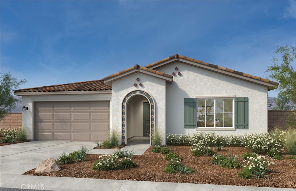 Beautiful Spanish style brand new home in the breathtaking scenic community of Vista Robles. This new home has an open concept floor plan. The large stylish kitchen that overlooks the huge great room is ideal for entertaining and holding big gatherings. Whirlpool® stainless steel appliances including over-the-range microwave with hood, dishwasher, and electric range are included. Quartz countertops and White Thermofoil cabinets highlight this beautiful modern kitchen. Sprawling lot is fantastic for creating the backyard that you have always wanted. Energy-efficient features includes LED lighting, Moen® WaterSense® faucets and shower-heads, hybrid electric hot water heater, and Sunrun® solar energy system (buyer must lease or purchase) that may help reduce monthly utility bills. Close to Oak Glen, Cabazon Outlets & Morongo Casino Resort & Spa. Easy access to I-10, CA 60 & Hwy 79.
Photo is a rendering of the model! you can either purchase or lease the solar