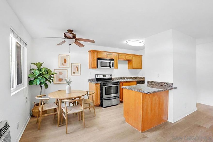 Welcome to this stunning 1-bedroom, 1-bathroom ground-floor corner unit condo at 930 Peach Ave Unit 6 in El Cajon, CA, nestled in the serene Serenidad gated community. Recently refreshed with new luxury vinyl plank flooring and fresh paint throughout, this 625 sq ft home offers a bright, modern space ready to move in. The open layout features a well-equipped kitchen with granite countertops, stainless steel appliances (microwave, oven, stove), ample wood cabinetry, a breakfast bar perfect for casual dining, and sliding glass doors to a private fenced patio—ideal for relaxation or a small garden. The spacious bedroom includes a walk-in closet. Enjoy in-unit stacked washer/dryer and a full bathroom with a vanity, tub/shower combo, and marble-like tile accents. This secure gated 26 residence community offers a sparkling pool, BBQ area, lush landscaping, and one assigned gated parking spot. Located in El Cajon, a scenic San Diego suburb, it’s minutes from shopping, dining, Grossmont College, and major freeways. Perfect for first-time buyers, downsizers, or investors, this turnkey gem won’t last long.