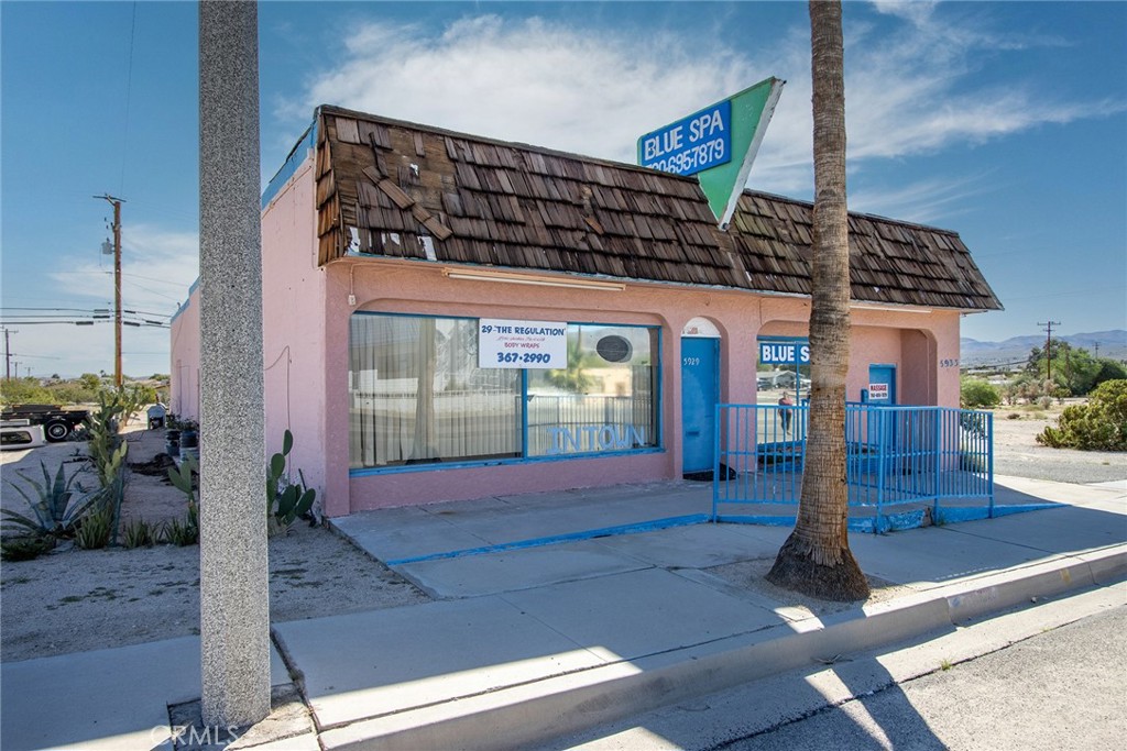 BEST BUY COMMERCIAL in 29 Palms!!! Two business front buildings (attached) in downtown. TWO STREET ADDRESSES: 5929 & 5933 ADOBE ROAD. No other commercial property with this much space for sale at this price. GREAT BUY. Once side it currently set up for hair stylist. Buyer to call City Hall for uses. Fantastic investment. Schedule a showing with you agent today!!!