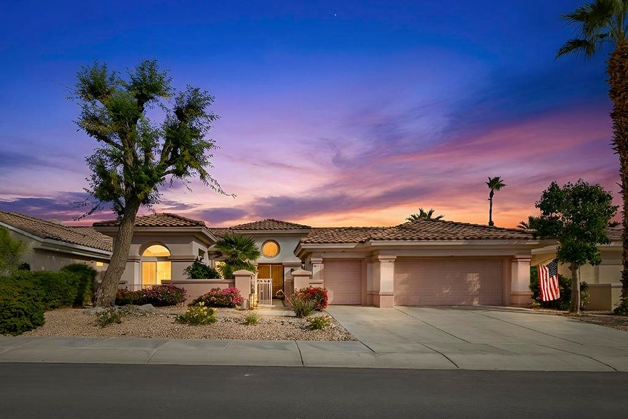 Imagine ringing in the New Year in a new home! This property is the ultimate gift to yourself for 2026.  There is no better way to start your next chapter in the heart of Sun City's premier 55+ community.  Once you pass through the gated front entry and step through the double front doors, the entryway greets you with natural light, courtesy of the clerestory windows and elegant tray ceilings featuring custom accent lighting. Thoughtful design and spacious living in this ''Emerald'' model which is celebrated for its open, flowing layout and generous proportions. This 3 Bedroom and 2 1/2 Bathroom home has a spacious living room and dining area which flows into the kitchen and family room featuring custom built-ins.  The heart of the home features a large center island and a cozy breakfast nook for casual mornings.  The home's flexible layout Includes a dedicated private office, primary en suite with walk-in closet, soaking tub and shower.  The over-sized guest en suite ensures your visitors enjoy privacy and comfort.  Step outside and relax under the covered patio, perfect for al fresco dining while listening to the tranquil sounds of your personal waterfall feature.  Plenty of storage for every hobby whether you're a car enthusiast or a golfer, the garage setup is a dream. This property features a 2-car garage PLUS a dedicated golf cart/storage garage, offering ample room for your vehicles, tools, and gear.  Enjoy world-class amenities just minutes from your door with a vibrant social calendar.  Sun City is the ultimate community with multiple clubhouses, restaurants, fitness center, indoor and outdoor pools and spas, 2 championship golf courses, driving range, putting range, pickleball, tennis, bocce courts, library, theater, ballroom, on-site post office, coffee bar, dog park, softball field, plus approx. 80 clubs to join! Make this New Year your best one yet in a community that feels like a resort.
