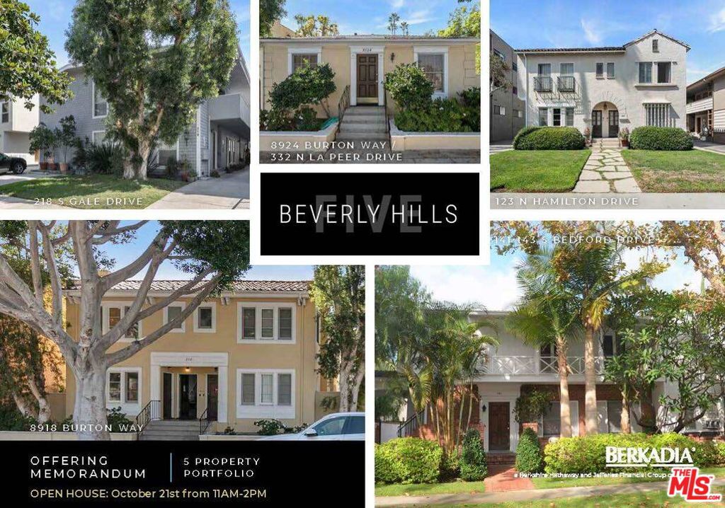 We are excited to exclusively offer for sale for the first time in two generations, five well-maintained, charming apartment buildings in prime Beverly Hills (can be purchased together or individually). Totaling 28 units, all five properties are located within minutes of each other and offer an investor a rare opportunity to purchase irreplaceable real estate (as a portfolio, sub-portfolio or individually). This is the first time these properties have been on the market in over two generations. The properties are in phenomenal locations and are within walking distance to a plethora of high-end shopping, dining and entertainment. The area is known for its luxury living, top-rated schools and with two future Metro stations within one half-mile of all the buildings or a very short walk from most of the buildings, it offers tremendous proximity to employment centers including Century City, Westwood, Hollywood and Downtown Los Angeles. Strong fundamentals in Beverly Hills support robust rents with an average home value of $3,634,399 and an average household income of $208,129 (Source: STI PopStats). The PORTFOLIO offers an attractive selection of studios, one- and two-bedroom units. ALL PORTFOLIO ADDRESSES ARE: 141-143 S Bedford Dr, BH 90212 (6u - APN: 4328-020-008); 8918 & 8924 Burton Way/332 N La Peer, BH 90211 (9u - APN: 4335-019-032; -006); 123 N Hamilton Dr, BH 90211 (6u - APN: 4334-021-064); 218 S Gale Dr, BH 90211 (7u - APN: 4333-030-035). RENTS SHOWN are averages for the entire portfolio. Detailed Rent Rolls are available in OM. Tenant Occupied - Please DO NOT DISTURB TENANTS or Walk the Property without an appointment.