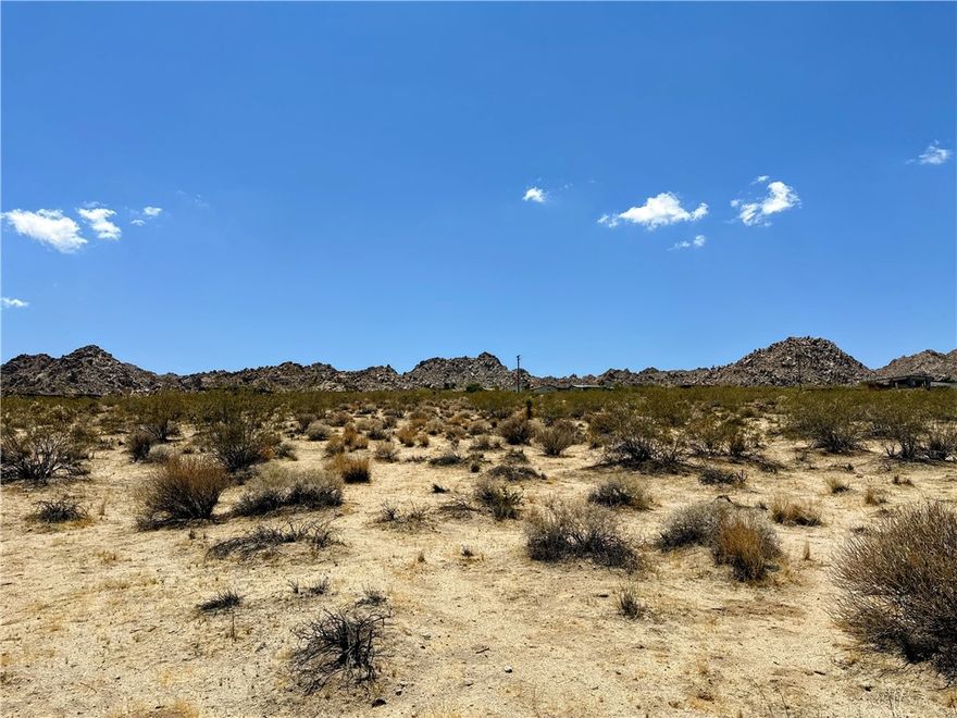 Beautiful 10 acre corner lot with magnificent views in all directions! New builds in the neighborhood. Located on the NE corner of Hollinger Rd and Sullivan Rd, in Joshua Tree. Utilities available. JT/RL zoning. Good dirt road access. Short drive to downtown shops and amenities. 15 minutes to the Joshua Tree National Park entrance. GPS: (34.1287617, -116.2637344) APN: 0607-091-02-0000. If looking for more acreage, the neighboring lot of 10 acres is also available (APN: 0607-091-01-0000).