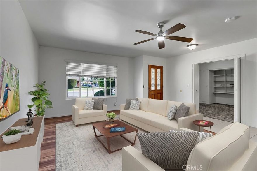 "MUCH POTENTIAL" FOR THIS 4 BEDROOM FAMILY HOME IN THE HIGHLY SOUGHT AFTER CERRITOS NEIGHBORHOOD !  WESTGATE PARK IS AT THE END OF THE BLOCK, TOP NOTCH SCHOOL DISTRICT W/ SCHOOLS K - HIGH SCHOOL WALKING DISTANCE AND CERRITOS MALL & RESTAURANT ROW ONLY HALF MILE AWAY !  OVER 1500 SQ.FT. OF LIVING SPACE IN THIS ONE-STORY 4 BED / 2 BATH FLOOR PLAN, ON A PRIVATE, FENCED LOT 56 X 93 ( 5182 SQ. ) FEATURES INCLUDE CENTRAL HEAT & COOL AIR CONDITIONING, NEWER INTERIOR PAINT AND COMP ROOF, PARTIAL COPPER PLUMBING, SOME UPDATED WINDOWS, SMOOTHED CEILINGS & LIGHTING FIXTURES.  LARGE FRONT LIVING ROOM ( GREAT ROOM ) W/ LAMINATE WOOD FLOORS, NEW LIGHT FIXTURE & FAN. OPEN KITCHEN W/ ATTACHED DINING AREA OR DEN, W/ SLIDERS TO COVERED PATIO. KITCHEN HAS CENTER ISLAND W/ STOOLS & STORAGE, S/S REFRIG, GAS STOVE, DISHWASHER & LOT'S OF OAK CABINETS FOR STORAGE ! PRIMARY BEDROOM W/ ATTACHED 3 SLIDER CLOSETS, LONG VANITY & PRIVATE BATHROOM W/ STALL SHOWER. 2 OTHER GUEST BEDROOMS W/ PLUSH CARPET. 4TH BEDROOM OFF OF LIVING ROOM W/ FRENCH DOORS, BUILT IN SHELVING AND GARAGE ENTRY DOOR ( PERFECT FOR HOME OFFICE ! )  HALL BATHROOM W/ HANDICAP TUB / SHOWER & DOUBLE MIRRORED MEDICINE CABINET.  CONVENIENT LAUNDRY CLOSET BEHIND ACCORDIAN DOORS IN HALLWAY, W/ STORAGE ABOVE. REAR ENTERTAINMENT BACK YARD W/ COVERED PATIO, BUILT-IN FIREPIT, BBQ AREA, BRICK PLANTER BOXES W/ GARDEN AREA, LUSH TREES AND BLOCK WALL FENCING ON ALL SIDES FOR PRIVACY !  ALL THIS "AND" A DOUBLE CAR ATTACHED GARAGE W/ OPENER, WORKBENCH & STORAGE CABINETS, PLUS WIDE DRIVEWAY FOR 4 MORE CAR'S.... HURRY, WON'T LAST AT THIS PRICE !!!!!