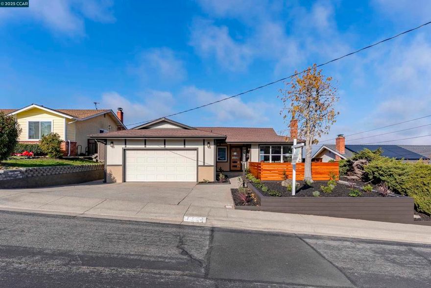 Beautiful completely updated inside and out, ranch-style contemporary home located in the desirable Belfair neighborhood. This light-filled residence offers breathtaking panoramic bay views and an abundance of natural light through an oversized front window. The completely remodeled interior features smooth wall texture, recessed LED lighting throughout, all solid-core doors, refinished original hardwood floors, a spacious pantry, and a decorative electric fireplace. The open layout is complemented by all new upgrades including a new roof, dual-pane windows, new water heater, new sewer lateral. Enjoy beautiful, low-maintenance landscaping with brand-new fencing and a hardscaped patio ideal for outdoor living. Conveniently situated within a short walk to the Bay and Old Town Pinole, and close to schools, shopping including Sprouts, Peet’s Coffee, and Trader Joe’s. Easy access to public transportation and major commute routes makes this move-in-ready home a perfect blend of comfort, style, and location. Clear pest and home inspection. Must see in person!