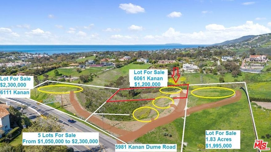 Malibu Ocean View Estate Lots !  Improved Land with Major Entitlements! Save Years of Time and hundreds of thousands with Planning Approval ,  geology /soils reports, approved fuel modification plan , full biological reports, Health department approval , public works approvals.  5 Contiguous Lots For Sale to be purchased separately or together priced from $500,000 to $1,100,000. The Subject Property -6061 Kanan Lot is 1.24 Acres for $800,000. Located at the end of driveway with large fire turn around area. Panoramic unobstructed Ocean, mountain and sunset views. An architectural 6483 sq.ft estate home has been designed for this property . ..Nearby homes are all selling close to $2000 per foot or from $10m to $20m .  Other adjacent lots for sale 6011 Kanan $700,000.  4467 017 023 , 6041 Kanan $500,000 -4467 017-022 , 6061 Kanan $800,000 - 4467 017 021 , 6111 Kanan - $750,000- 4467 017 024 . Tremendous Opportunity to buy one or all and create you own multiple lot development.