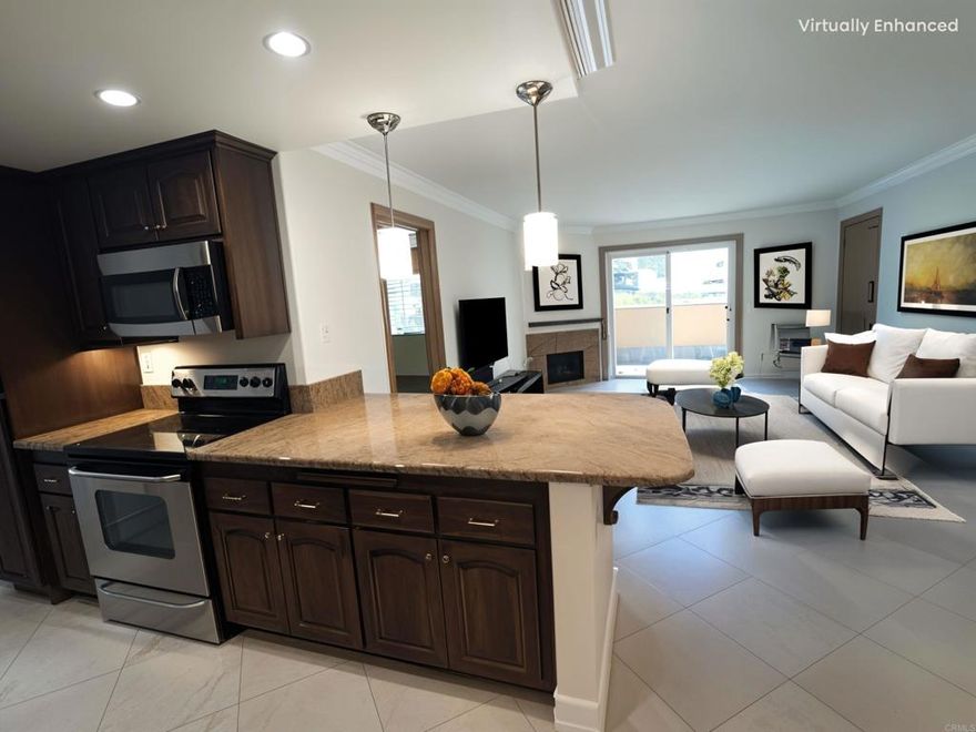 A Tuscany style awaits you in this nicely remodeled ground floor unit with no stairs. Travertine and wood-like floors, granite counters, crown molding, and beautiful stone work in the bathrooms add elegance to the functional 2 bed 2 bath layout with the beds and baths nicely separated to offer privacy. Dual pane windows, ceiling fan, individual bedroom heaters, and the A/C unit will keep you comfortable year round but thanks to it's cool orientation, moderate temperatures inside are yours to enjoy naturally. Plus if you like quiet, this is one of the only units for sale recently which has no road noise! It'll feel like resort living thanks to the 2 swimming pools, hot tub, gym, and tennis court. EV charging stations, 2 assigned parking spaces, and ample guest parking spots are nearby. Full size washer and dryer. 2 linen cabinets, dual closets in the primary bedroom, and a walk-in closet in the 2nd bedroom gives lots of storage options. The roomy patio offers you some outdoor space as well. Easy freeway access, close shopping, and a great neighborhood park add to the ideal location. Seller will consider 2/1 rate buydown to help lower buyer's monthly payments. Makes a great investment property too!