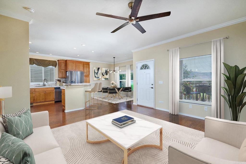 Built in 2011, this beautifully upgraded home sits on one of the few available golf course lots in Champagne Village—Escondido’s highly sought-after 55+ senior community where you own the land. This property showcases stunning panoramic vistas of the resort, lush fairways, and scenic hills, offering a truly elevated lifestyle. Enjoy a bright, open layout with modern upgrades, including laminate flooring, updated fixtures, a NEW water heater (July 2025), refrigerator (Jan 2025), washer & dryer (June 2025), and nearly new dishwasher. The home features an indoor laundry room, 433-A permanent foundation, and a spacious primary suite with a walk-in closet. The low-maintenance yard includes faux turf, a stone seating area ready for a firepit, and a large storage shed. Community amenities: Pickleball & tennis courts, pool & spa, clubhouse, billiards, RV parking, BBQ area, car wash station, gym, and more. Residents enjoy 10% off dining and theater tickets at the nearby Lawrence Welk Resort, just a short walk away. Low HOA, resort-style living, and panoramic views—don’t miss your chance to tour Space 199 today!