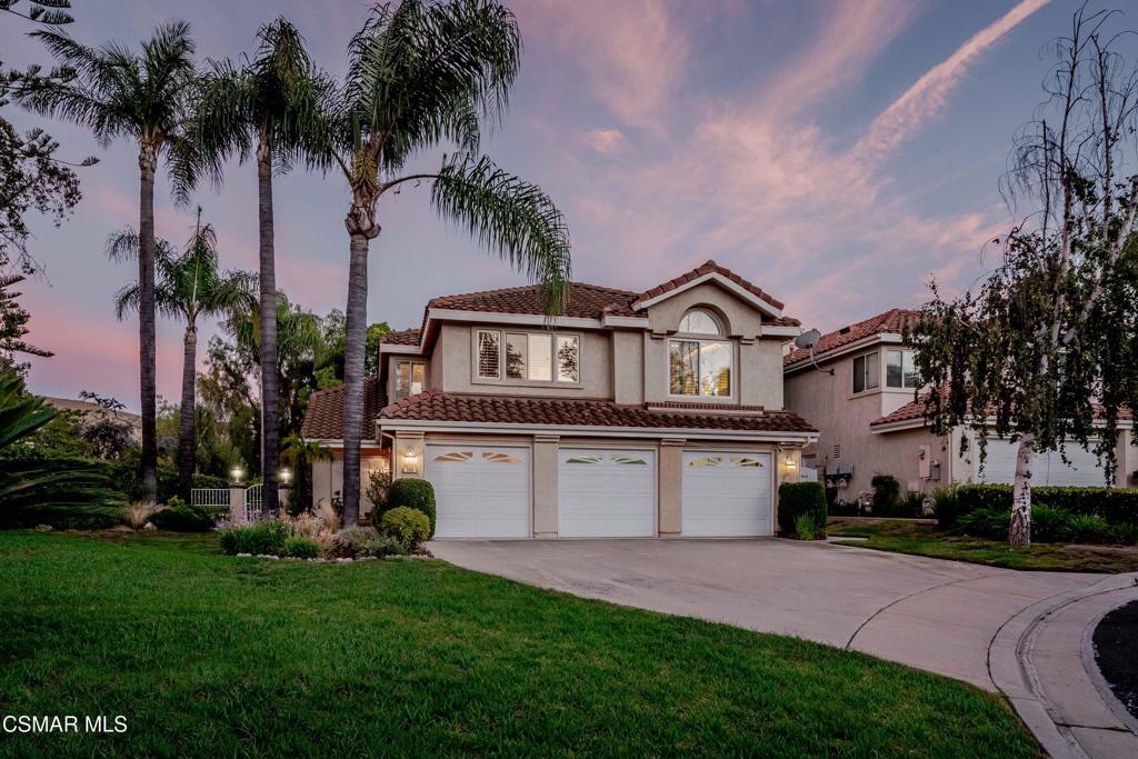 Located at the end of a quiet cul-de-sac in the sought-after High Meadows neighborhood of Wood Ranch, this spacious 5-bedroom, 3-bathroom home offers 3,153 sq ft of living space on an 8,200 sq ft lot with lush landscaping and mountain views. The well-designed floor-plan includes a downstairs bedroom and full bath, ideal for guests or multi-generational living. Upon entry, you're welcomed by soaring ceilings and an abundance of natural light from numerous windows. The neutral interior features a formal living and dining room, and a separate family room with a fireplace. The kitchen is equipped with a newer stove, refrigerator, and dishwasher, tile countertops, light wood cabinetry, and a breakfast nook that opens to the family room. A separate laundry room is located on the first floor. Upstairs includes three generously sized guest bedrooms and a full guest bath with dual sinks and a shower/tub combo. The large primary suite features vaulted ceilings, a sitting area with a fireplace, and expansive views of the surrounding trees and mountains. The en-suite bath includes a walk-in shower, sunken tub, dual vanities, ample storage, and a walk-in closet. The private backyard offers a patio area, built-in BBQ, and storage shed--ideal for outdoor entertaining. The oversized 3-car garage includes built-in storage, with a portion converted into a functional office space. Additional features include plantation shutters throughout most of the home, a newer AC system, water heater, and updated downstairs bath with porcelain tile flooring. Enjoy access to nearby hiking and biking trails, parks, and the Wood Ranch Country Club. Conveniently located near shops, dining, the 23 freeway, and the Ronald Reagan Library. Homes on this street rarely come to market--don't miss this opportunity.