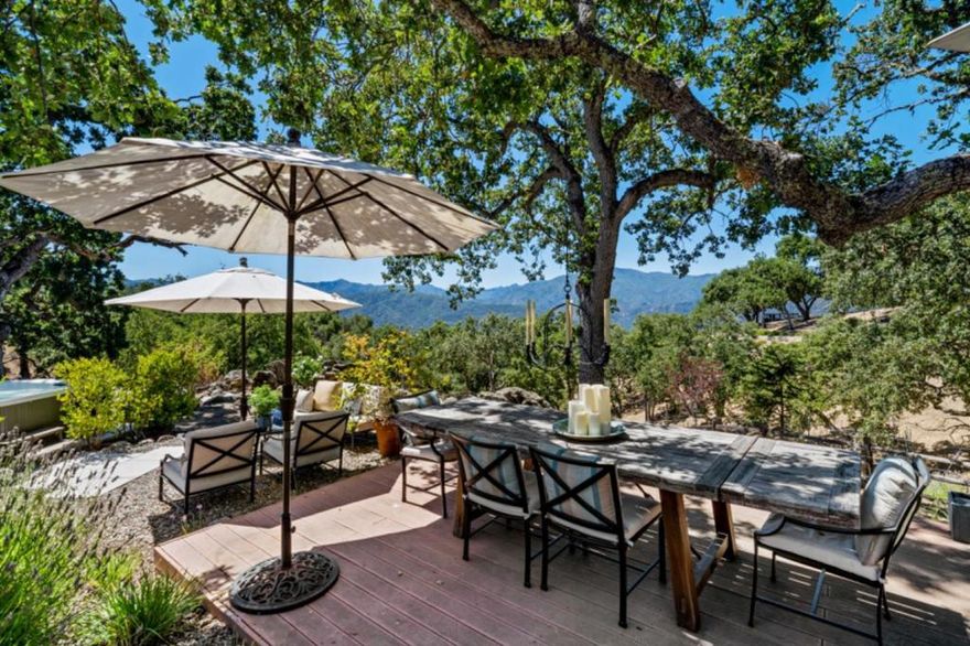 Surrounded by rolling hills with spectacular mountain views and a large rock outcropping, experience ultimate privacy with the spirit of Old California.  The best kept secret in Carmel Valley is the gated community of Asoleado. Consisting of only 20 homes, all on a minimum of 10 acres about 10 miles east of Carmel Valley Village.        Sited on 10 acres surrounded by plenty of open space.  Take in the views of the not too distant vineyards among the rolling hills of the Santa Lucias. Located near the ridge line gives you he feeling that the stars are within reach.       This property hits the sweet spot! Perfect for year round living or an amazing getaway retreat.     Come & enjoy the 1600 sq ft 3 Bedroom 2.5 Bath home that has it all. A nothing spared gourmet kitchen is outfitted with the best appliances including a Wolf 48" range, a 42"side by side Sub-Zero refrigerator, 2 Bosch dishwashers & a Kitchen Aid undercounted wine cooler, ice maker & refrigerator. Updated throughout and all this in the warmth and sunshine of Carmel Valley complete with air conditioning.      There are multiple outdoor patios taking advantage of 360 degree views complete with hot tub and outdoor heater. The other modern day benefits include 33 solar panels, high speed Internet and AT&T cell service.