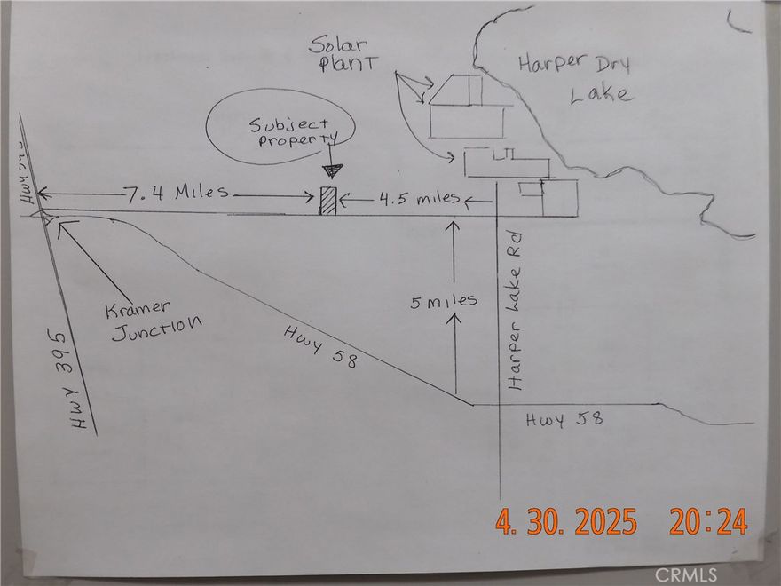 Five acres in the Harper Lake/Lockhart area of Hinkley.  Rural parcel, located along Power Line Rd, not too far from the Hinkley Solar Plant.  There is an electric line running down Power Line Rd so electric may be available.  Buyer would need to check with electric company to verify cost & availability.  Directions: From Hwy 58, (AKA Blue Star Memorial Hwy), Go North on Harper Lake Rd 5 miles to Roy Rd.  Turn left, go 4.6 miles, parcel will be on the right.  It's just after the 18th electric pole from Harper Lake Rd.  Latitude, 34°59'48.13"N.  Longitude, 117°24'42.54"W.   NOTE:  Mileage/GPS/Directions are estimated.