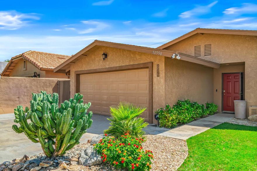 Welcome to this charming 2-bedroom, 2-bathroom  located on the most convenient, well-kept street in La Quinta Cove. A couple blocks from all of the hot locations; Fritz Burns tennis, pickleball, and swimming, Old Town local restaurants and boutique shops, and the start of Bear Creek Trail with hiking, biking, and a paved walking path. This meticulously maintained property feature an open-concept layout with fresh interior paint & baseboards, ample storage space, and a large modern kitchen equipped with newer appliances, including a gas range.  Three double-paned sliding glass doors (two from the living area and one from the primary suite) give the space an abundance of natural light and open directly to the private backyard. Enjoy the lush lawn and beautiful landscaping, a pergola providing shade to the patio, and a fully fenced yard with easy access to you and your pets (automatic pet door)! Additional highlights include a new, energy efficient HVAC (on IID electric - extra cost savings!), a gas fireplace, a 2-car garage, washer and dryer. This move-in ready home is a clean, blank canvas ready to reflect your personal style--don't miss your chance to make it yours!
