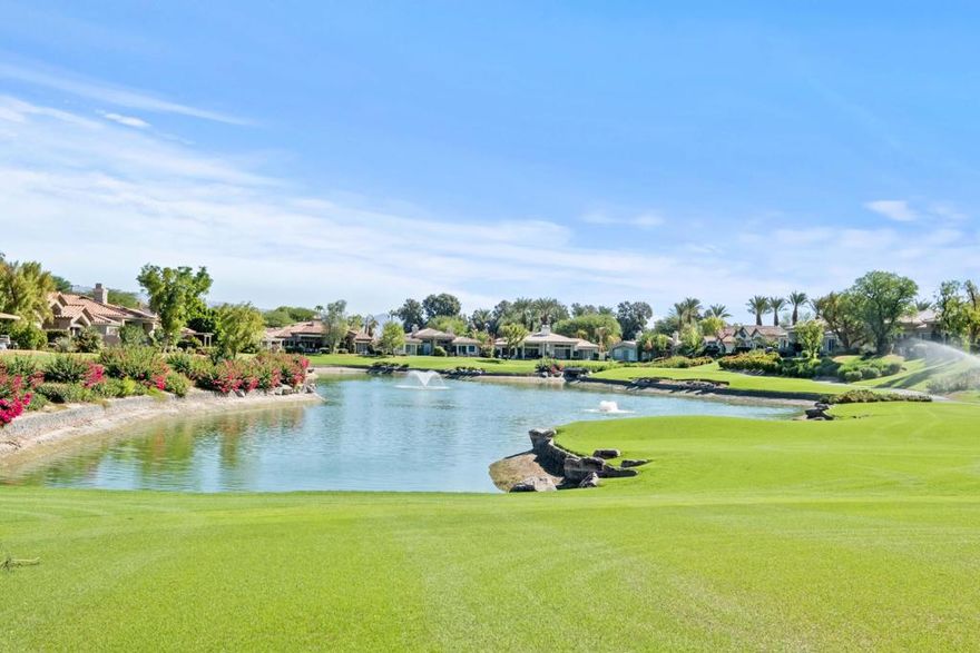Available December 2025 + March & April 2026 at $11,000/month + monthly caps on electric and gas. Landlord pays monthly HOA dues that include cable and internet. Renovated contemporary design home with stunning south golf and lake views! This Acacia 5 floor plan offers breathtaking panoramic views of the lake, mountains, and Grove #7, 1 of 2 Arnold Palmer-designed courses at Indian Ridge Country Club in Palm Desert. The 3-bedroom, 3.5-bathroom condo is just one house away from a beautiful community pool and spa. You will be the first to enjoy the new flooring, stainless steel appliances, new quartz countertops, new large flat screen TVs and furnishings, new AC, new security alarm, and all new lighting. The back patio, with new outdoor furnishings and electric awnings with new Sunbrella fabric, is accessible from both the living and dining areas, perfect for entertaining or relaxing while enjoying the expansive views. The living room includes a fireplace and wet bar, and the kitchen features counter seating, an island, and a small desk area. The primary bedroom has a king bed and a large slider overlooking green foliage creating a sense of calm. The en-suite bathroom offers a soaking tub, shower, dual vanities, separate water closet as well as a large walk-in closet. Both guest bedrooms have been completely remodeled and are also en-suite, each equipped with a designer tiled shower, dual sinks & separate water closet. Landlord's club membership available for tenant use with membership approval with 3 month minimum. Utilize the Fitness Center with the latest strength and cardio equipment, an active schedule of classes, a full-service day spa, and three restaurants with outstanding food. Indian Ridge Country Club offers a never-ending social calendar and is one of the desert's premier private country club communities, centrally located in the Palm Springs area, close to Interstate 10, El Paseo, and the airport.