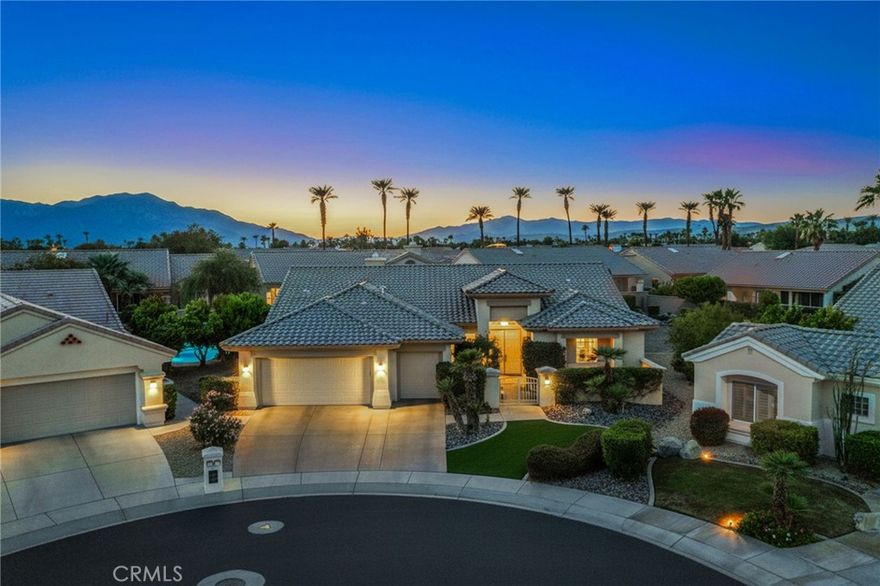 Seldom do you find a HOME in an Award Winning 55+ community with a backyard this BIG and this FUN.  Situated on a quiet cul-de-sac, this private, low maintenance resort-style home sits on an exceptional 13,000+ square foot lot and West facing backyard. The 3 Bedroom, 3 Bath SAN REMO Estate Model is approximately 2,432 square feet, with a striking Pebble Tec pool and newly renovated waterfall Jacuzzi. The entire space is designed for enjoyment and relaxation, with a BBQ plumbed for natural gas, ceiling fans, covered patio, ambient night lighting, and areas that could be transformed into mini synthetic putting greens by sinking some cups into the green. Step into the house and the first thing you notice is the ample floor to ceiling windows with Plantation Shutters throughout, affording a view of the stunning backyard and providing ample light in the living spaces. The Kitchen features Granite counters, Gas burning cooktop, 2 Pantries and a Breakfast Bar. This Home has an open-concept design, with views from the Kitchen to the spacious Family Room, Formal Living Room and beyond to the Pool. There’s also a dedicated Dining Room that can easily seat your Thanksgiving guests and a sizable Inside Laundry Room with sink. The systems in this Home have been upgraded (2024) saving the inconvenience or the considerable expense of doing it yourself. They include a NEW Heating /AC system with a top-of-the line Air Filtration system plus 2 programmable thermostats and a NEW 50 gallon Water Heater with heat pump recirculation. The 2 car plus golf cart Garage has been refinished with LED lights, fully painted walls and ceiling, and an immaculate Epoxy floor. Years of good times and memories are waiting to be spent here in this exceptional HOME.