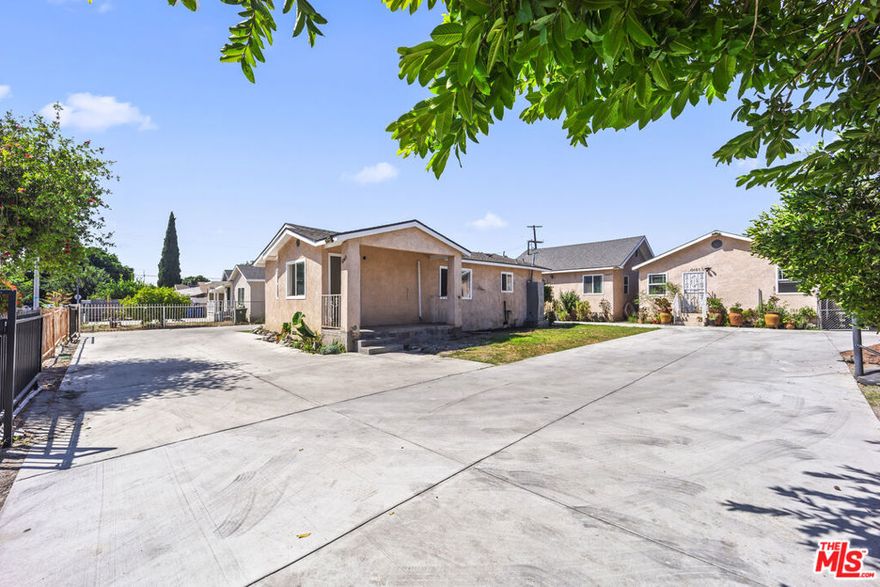 TRIPLEX WITH ADDITIONAL ADU POTENTIAL! DELIVERED VACANT! An extraordinary opportunity for the astute investor: this one-of-a-kind parcel spans 13,000 sq ft and offers three detached homes, each with its own address, all delivered vacant, plus two detached garages ready for ADU conversion. Located at 10407 Juniper Street (with additional unit addresses), there are 4 total addresses on this property. 10407, 10407 1/2, 10409 and 10411 Juniper Ave. This property blends immediate income potential, expansion opportunities, and strategic upside. Two homes are detached 2 bedroom / 1 bath residences: Unit A: ~568 sq ft Unit B: ~684 sq ft and the third home is a 3 bed, 1 bath unit, Unit C: ~1,058 sq ft. With ample yard and driveway space, parking is never an issue. The detached garage provides a blank canvas, primed for an ADU, and the sheer lot size opens the door to future expansion. Unmatched Development Potential: With three existing addresses and three by-right units, investors could explore adding up to three detached ADUs (buyer to verify). This could bring the total buildout potential to 6 rentable units, an incredible opportunity to maximize cash flow and long-term value. All homes will be delivered vacant, move-in or lease-up ready, making this a rare clean-slate offering. Whether you expand existing homes, activate ADU potential, or simply rent all three as-is, the layout and zoning create flexibility for both short-term yield and long-term appreciation. Prime Location: Just minutes from a brand-new shopping complex featuring Starbucks and other major retail anchors, the property sits in a high-demand pocket of Los Angeles with easy access to retail, transit, and community amenities ensuring steady rental demand and strong future upside. Don't miss this rare multi-unit, multi-address property in Los Angeles: immediate income, exceptional development potential, and a massive lot that sets the stage for the next great investment in your portfolio.