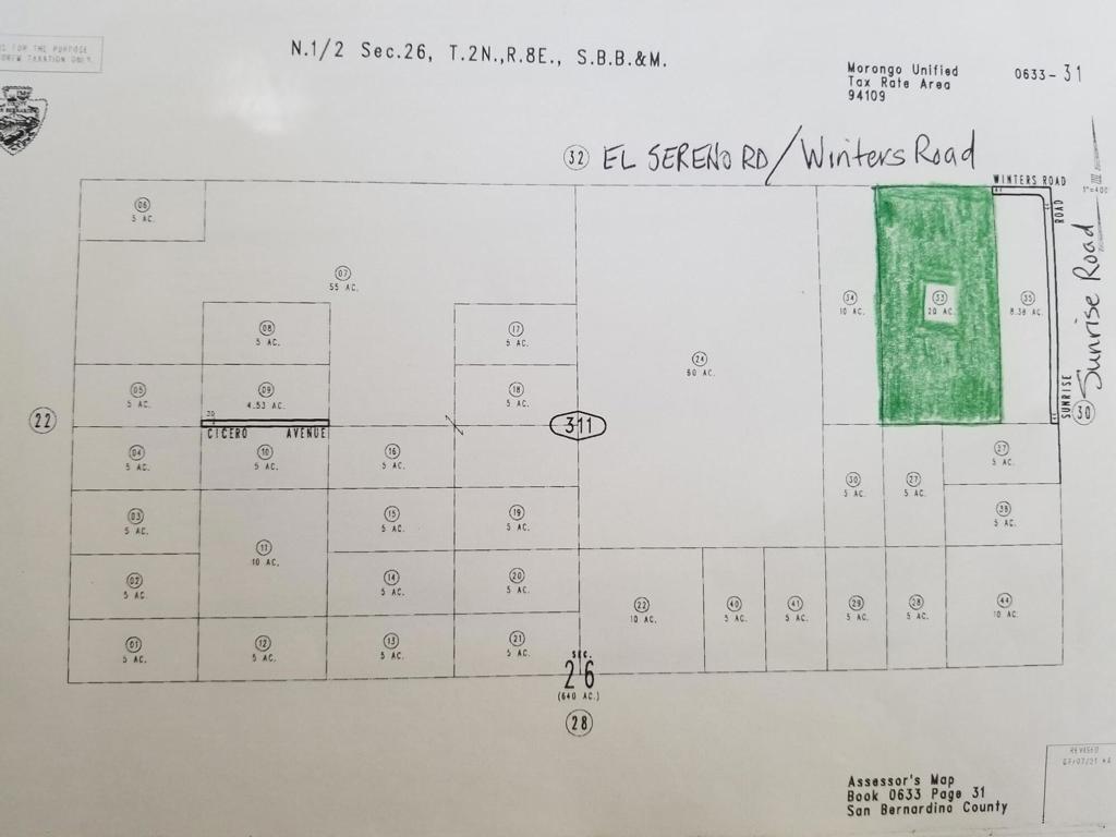 29 Palms, 20 ac M/L located at West of existing home at the SW'ly corner of El Sereno Rd/Winters Rd and Sunrise Ave. GPS Lat 34.235138 Long -116.109191. See attached maps. Home town to one of the Largest Marine Bases in the United States. Flat land off at the SW'ly corner of El Sereno/Winters Rd and Sunrise Ave. Great investment opportunity. Per Seller Elecctricity and Water at the property line, flat land surrounded by existing homes. APN 0633-311-33-0000. Sold 'As-Is'. All information deemed reliable, buyer to do their own due diligence to satisfy themselves. GPS Lat 34.235138 Long -116.109191.