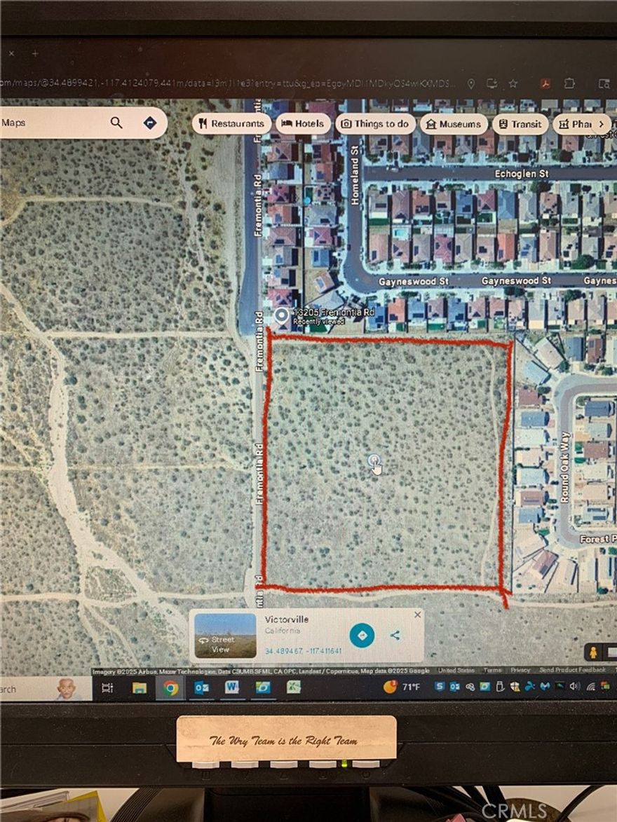 Great Development Opportunity in Victorville! This 9.6-acre parcel is ideally situated between two established residential neighborhoods and offers prime potential for new construction. According to the City of Victorville, up to 39 single-family homes can be built on 7,500 sq. ft. lots. The land is flat and usable, making it an excellent choice for builders and investors. Conveniently located less than 2 miles from major shopping centers including Walmart, Stater Bros., and Costco. Close to local schools, Highway 395, and just minutes from the I-15 freeway for easy commuting. Don’t miss this chance to bring a new housing community to one of the High Desert’s fastest growing cities!