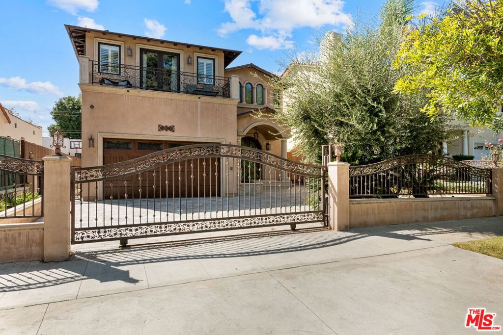 Furnished spacious 6,000+sf 6 bed/7.5 bath Mediterranean custom home with beautiful open floor plan. Prime mid-block location with gated front and auto-gated flag-stone finished driveway and walkway. Enter large living room opening to both dining room and back facing family room with fireplace and French doors to covered patio, tiled yard area and entertainer's outdoor covered kitchen with BBQ and bar area.  Double sized chef's kitchen with center island, 2 sinks, all top-of-the-line stainless steel appliances including Wolf range/double oven, wine fridge, built-in oversized refrigerator/freezer, butler's pantry with warming drawer and microwave.  Breakfast area overlooking backyard with patio access. stairway to 2nd story is filled with an abundance of natural light. 4 spacious bedrooms upstairs all with ensuite updated marble and tile-finished bathrooms, front facing bedrooms with balconies and Century City views.  Primary suite with fireplace, french doors to balcony with treetop and sunset views and large custom closet complete with island of dresser built-ins.  Primary bathroom with separate spa tub and steam shower, dual basins. Lower level of home with large open game room/den including projector tv and 2 additional bedrooms with ensuite bathrooms and powder room. Additional features include marble and hardwood flooring, Venetian plaster walls, wired sound, 4 zoned ac/heat, solar panels, alarm system, laundry room with storage on 2nd story level. Beautifully maintained. Prime location close to Westfield Century City Mall, UCLA and Westwood Village and Beverly Hills. Westwood Charter School. Available beginning