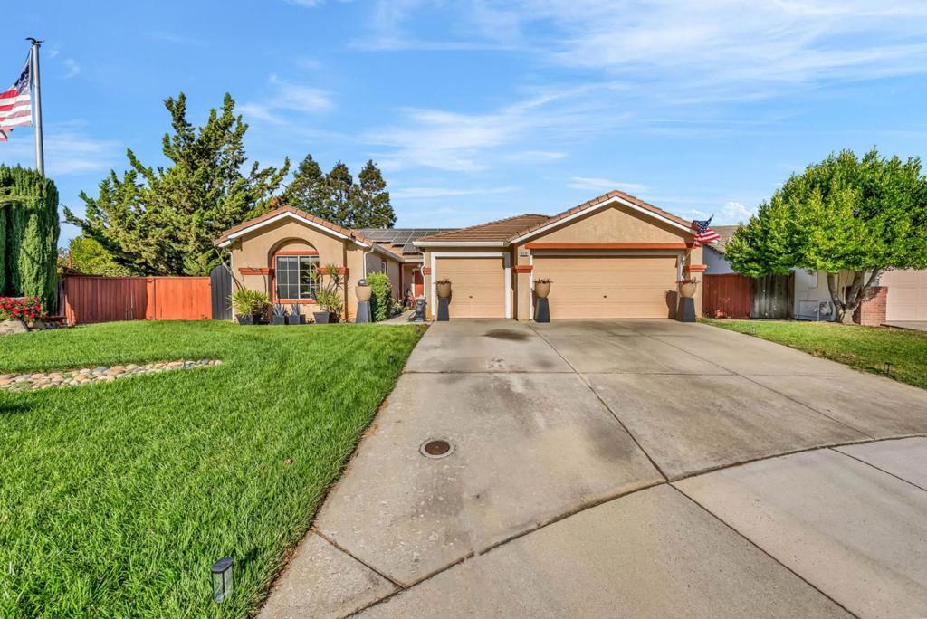 Exceptional Value in South County! This single-level residence offers an expansive 11,033 sq. ft. lot, a 3 car garage, and a sparkling pool, providing the perfect balance of comfort and lifestyle. The open-concept floor plan features soaring ceilings, abundant natural light, and a seamless flow between the kitchen and family room. The kitchen features stainless steel appliances, a gas range for the gourmet cook, generous storage, and an island that adds even more counter space. More highlights include dual-pane windows, central A/C, LED lighting, a gas fireplace, and beautiful tile flooring in the main living areas. Bedrooms are carpeted, two featuring brand-new carpet. The spacious primary suite offers a walk-in closet and a luxurious en suite bath with a soaking tub and a separate shower. There's an indoor laundry room and a large three-car garage offering room for cars and storage. The water softener is included, and solar panels are on a transferable Sunrun lease. Outdoors, enjoy a generous sized pool, jacuzzi, patio with pergola, deck, and three raised garden beds. Located in a private, quiet spot, this home is move-in ready, or add your personal touch. Interest rates are trending lower, and the best homes sell quickly. Appointment required; please do not disturb owner.