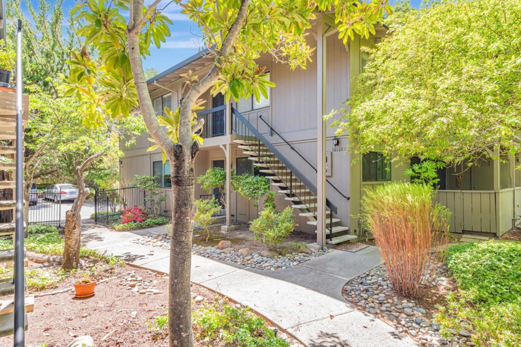 Welcome to this beautiful move in ready top floor 3-bedroom 2-baths condo in the heart of Saratoga! Built in 1974 with 1408sqft. The unit is in the best location inside this quiet & private community with view to cherry blossom trees. Bright & open floor plan with all the new modern lighting fixtures. Living room with cathedral ceiling, fireplace & new skylight. New interior paint & newer engineering flooring throughout the house. New burner, stainless steel dishwasher & range hood in the kitchen. The hallway bath is remodeled with new tile, vanity & mirror. 2 covered patios for relaxing. Ideal side-by-side 2 car detached garage with extra storage space. Resort style living with club house & swimming pool. HOA covers water & garbage. Walk to Saratoga downtown for shopping, dining & wine testing. Award winning Saratoga schools. Must see!
