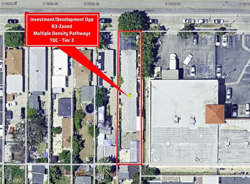 Situated on a 6,057 sq ft lot in the Southeast Los Angeles Community Plan area, this rare investment opportunity offers both immediate rental income and significant redevelopment potential. The property features two tenant-occupied units, both identical in size with 4 bedrooms and 2 bathrooms: a front residence built in 1947 and a rear residence constructed in 2003. With R3-XL-CPIO zoning and location within a Transit Oriented Communities (TOC) Tier 3 and State Density Bonus eligibility area, the site provides multiple density pathways, ranging from a base entitlement of 7–8 units to as many as 20 units under applicable incentives such as TOC, State Density Bonus, and SELA CPIO programs (buyer to verify). Both units are subject to AB 1482 protections with only the front unit being subject to the Los Angeles Rent Stabilization Ordinance or RSO (rear unit exempt based on year built), offering stability of tenancy alongside clear legal frameworks for future planning. Conveniently located near major transit corridors, shopping, dining, schools, and recreation, this parcel presents an exceptional opportunity for builders, developers, or investors seeking both current cash flow and long-term upside in a rapidly evolving Los Angeles submarket.