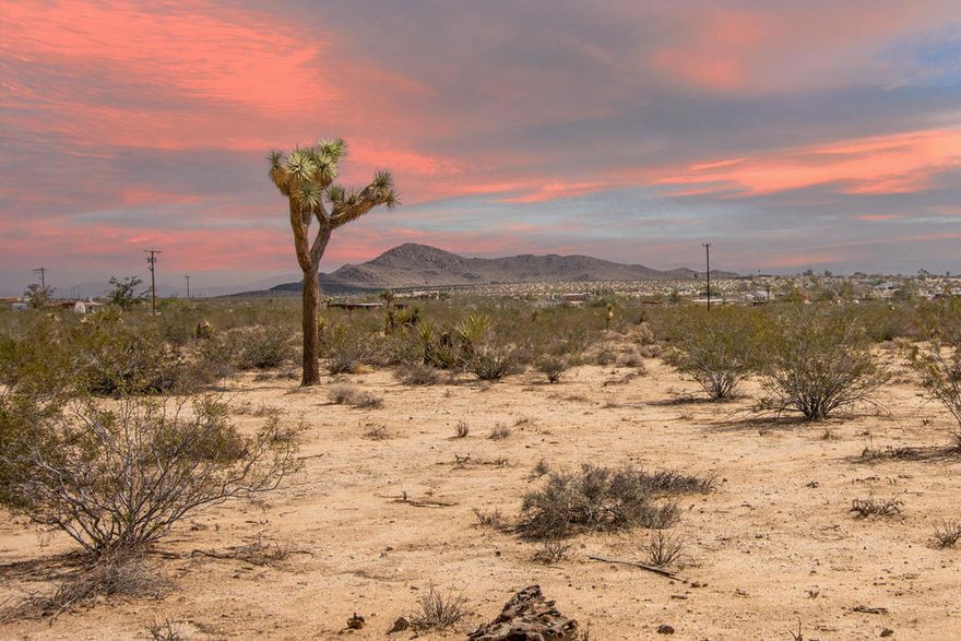 Beautiful 2.1 acre residential lot in world famous Joshua Tree. Just off pavement with water, power, & road access on a corner lot. Panoramic vistas of Bunker Mtn, Mt Bartlett, Copper Mtn and snow caps on Mt San Gorgonio. High priced new modern homes & designer remodels can be seen throughout the area. The Hidden River neighborhood is known for it's peace, serenity & convenient yet rural setting. Just minutes to organic restaurants, cafes, bars, boutiques & the JT Farmers Market in the vibrant downtown JT village. More amenities & entertainment in nearby Yucca Valley, Pioneertown, & 29 Palms. Ideal to build an architectural compound. Horse property. Starry nights. Artists, musicians, & visionaries continue to gravitate to Joshua Tree, bringing new energy & style to the area. 11 miles to the Joshua Tree National Monument where about 3 million tourists visit the park annually. Hot vacation area. The location also provides easy access to nearby destinations. 24 miles to Johnson Valley OHV area. 52 miles to Palm Springs. 65 miles to Big Bear Lake. 133 miles to Los Angeles. The county may allow for a house, guest house and jr guest house. Buyers are encouraged to confirm building guidelines & utility availability directly with the County of San Bernardino & appropriate service providers. GPS 34.20472, -116.30086. APN 0599-384-01-0000 Property doesn't have an assigned address, the MLS address is for marketing use only. Joshua Tree in photo may be on adjacent property. Don't Wait! Call Now!