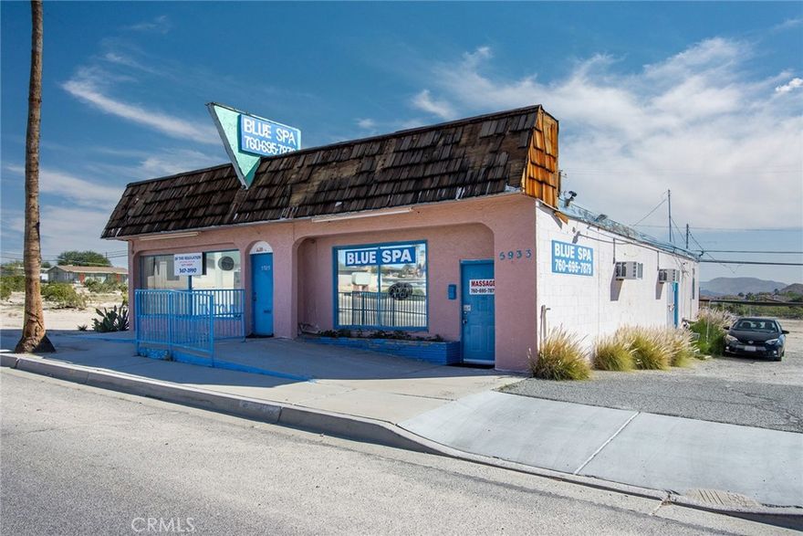 $275K!!! BEST BUY COMMERCIAL in 29 Palms!!! TWO BUSINESS FRONT BUILDINGS (attached) in downtown. TWO STREET ADDRESSES: 5929 & 5933 ADOBE ROAD. No other commercial property with this much space for sale at this price. GREAT BUY. Once side it currently set up for hair stylist. Buyer to call City Hall for uses. Fantastic investment. Schedule a showing with you agent today!!!