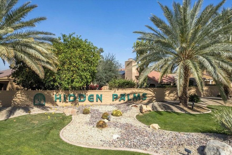 Discover the allure of Hidden Palms, a guard-gated community close to El Paseo where luxury meets everyday convenience. This highly desirable location is filled with top-notch amenities, making it a perfect place to call home. Your HOA fees cover essential services like cable, Internet, and trash, allowing you to focus on enjoying the beautifully maintained grounds. Take advantage of scenic walking paths, engage in a game of pickle ball, or relax by the serene lake adorned with stunning water features. With shopping, entertainment, schools, parks, and places of worship just minutes away, the exceptional walkability of this neighborhood enhances its charm.This detached residence, lives like a single-family home with delightful Southwestern exposure  and is designed to check all the boxes on your wish list. Spanning 1,584 square feet, the thoughtfully designed layout includes three spacious bedrooms and two bathrooms, one transformed into a tranquil spa-like retreat. The inviting living room, featuring a charming fireplace, creates an atmosphere perfect for unwinding and offers an inviting gathering space.The dual-paned windows and sliders, ensure comfort, while the atrium boasts an operable skylight and easy garage access. The versatile floor plan with its eat-in kitchen is ready for your personal touch and presents a wonderful opportunity to incorporate upgrades that reflect your unique style, complemented by an additional bright formal dining area.Step outside to your private backyard, framed by picturesque mountain views and park like greenbelt, creating an ideal setting for indoor-outdoor living, entertaining, or enjoying peaceful moments. An attached two-car garage provides ample storage and convenient parking. This home is primed for personalization, presenting a fantastic opportunity to infuse it with your individual style. Don't let this exceptional opportunity slip away--contact us today to arrange your private showing!