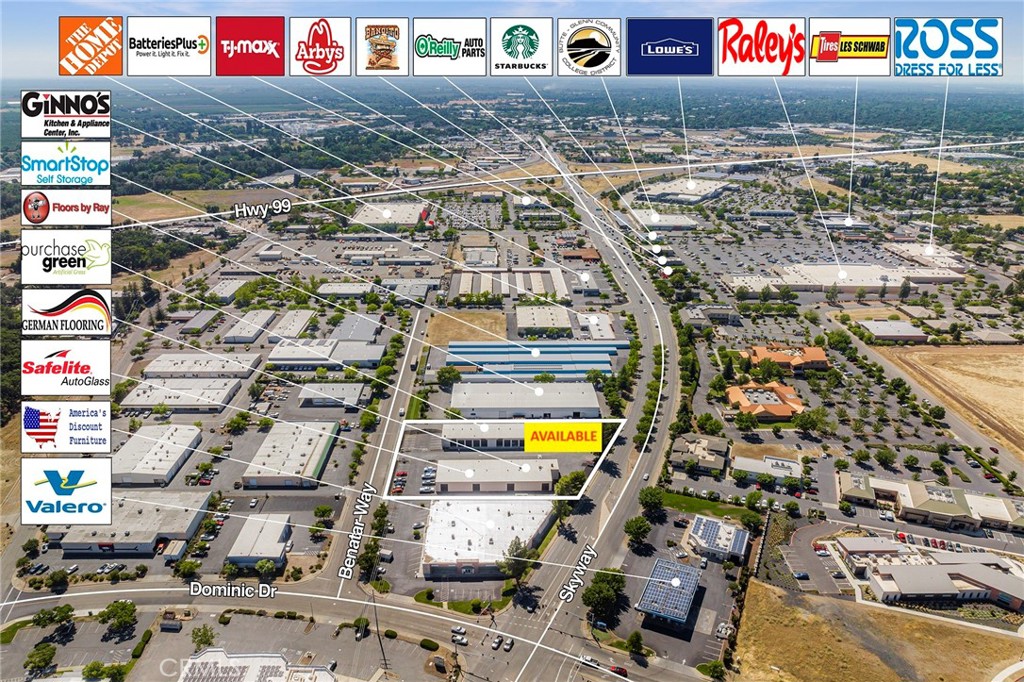 Great location fronting onto Skyway with strong traffic counts, prominent signage, easy access, and ample parking. Right off Hwy 99 and adjacent to many major retailers. Includes office area and open warehouse with multiple roll ups. Improvements are available the space can be expanded by an additional 1,200 SQ FT.