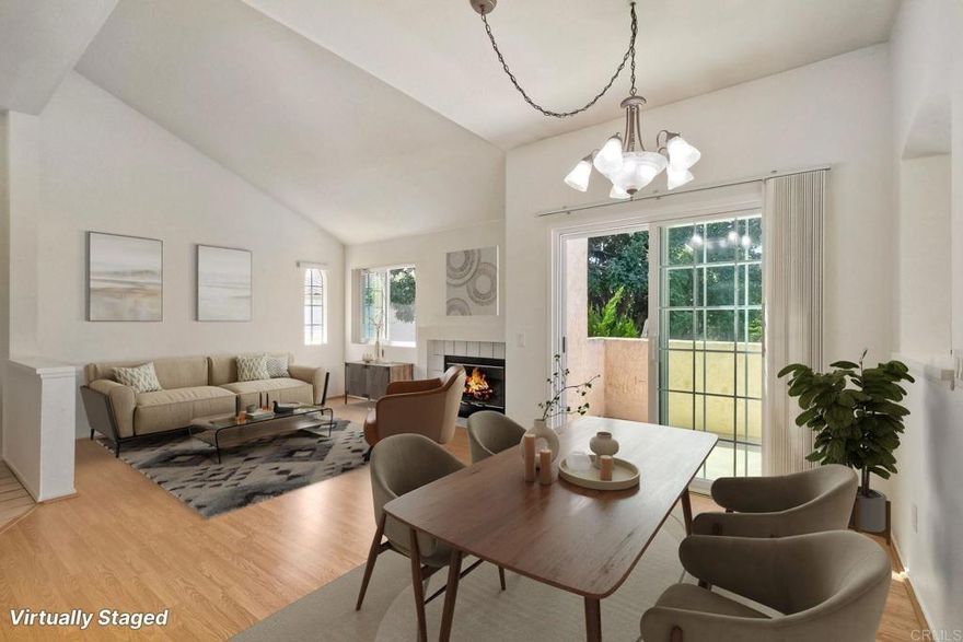 Why pay rent when you can own a well maintained 2 bedroom, 1.5 bathroom, upstairs condo with cool ocean breezes. Vaulted ceilings and upgraded Milgard dual paned windows make this sweet unit bright and airy. A gas fireplace in the living room to cozy up to in the evenings, and a roomy balcony with a park like view in the dining area for sunshine and a breeze. The kitchen has gas appliances and granite counter tops. There is a laundry closet with room for a full sized washer and dryer for your convenience.  The Jack and Jill bathroom has been updated with a nice deep bathtub for your soaking pleasure! There is detached 1 car garage with built in storage and parking space. Charlemont has a sparkling pool, spa and club house for your enjoyment. HOA fee inculdes some utilities.  Close to restaurants, shopping schools, parks and has easy access to Hwy 78.