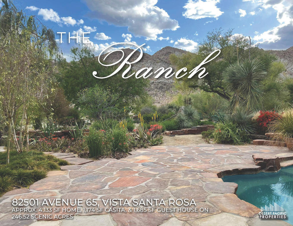 This unique 246.52-acre estate features a main home with primary bedroom featuring his and hers bathrooms and closets, an enchanting library, and fitness room. 2 bed/2 bath private casita across the breezeway with living room and kitchenette. 3 bed/2 bath guest house. Approximately 6 acres of thoughtfully designed landscaping with winding garden paths, native plantings, and colorful desert flora. Tranquil water features and a pool and spa surrounded by natural stone and lush greenery create a peaceful retreat. Features include a long, elegant driveway, spacious parking area/patio, and a large courtyard ideal for hosting gatherings or enjoying the sunset. Peaceful private pond offering serene views. Every aspect of the property is carefully crafted to deliver luxurious desert living in harmony with the surrounding environment. Bordered by mountainous conservation and parks land to the south, ensuring the dramatic and impressive backdrop will remain untouched. Included in the property is a desert landscape nursery with approximately 4,000 mature trees, cacti, and succulents ideal for landscaping a golf course or desert development. Of the 247 acres, 160 acres is planted to vegetables for added income and privacy. 5,000 SF metal shop building. Do not go directly. Call Susan Harvey at (760) 250-8992 to set up an appointment.