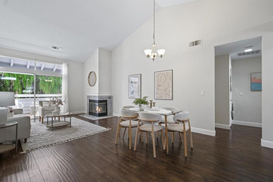 *Soaring ceilings and an extended patio with serene green views set the tone for this bright and airy condo.  *Inside, the open kitchen flows seamlessly into the dining and living areas, offering ample cabinetry, stainless steel appliances, and a semi-island perfect for cooking and entertaining. *The spacious living room, warmed by a cozy fireplace, is designed for both comfort and gatherings. *The home features two bedrooms and two full baths, including a private ensuite and a secondary bedroom enhanced with custom shelves and cabinets. Added conveniences include in-unit laundry, central AC, and an attached garage with additional permit parking. *With no upstairs neighbor, privacy comes naturally. The beautifully maintained community offers a sparkling pool and clubhouse. Highly rated Morrill Middle School (8/10), and Independence High School (8/10) *Test scores rated by GreatSchools.  *Perfectly located, youll be within walking distance of Townsend Park, San Jose Golf Course, playgrounds, tennis courts, and shopping at 99 Ranch Market, Costco, H Mart, and Safeway. Plus, enjoy easy access to leading tech employers including Nvidia, Google, Apple, and Supermicro.