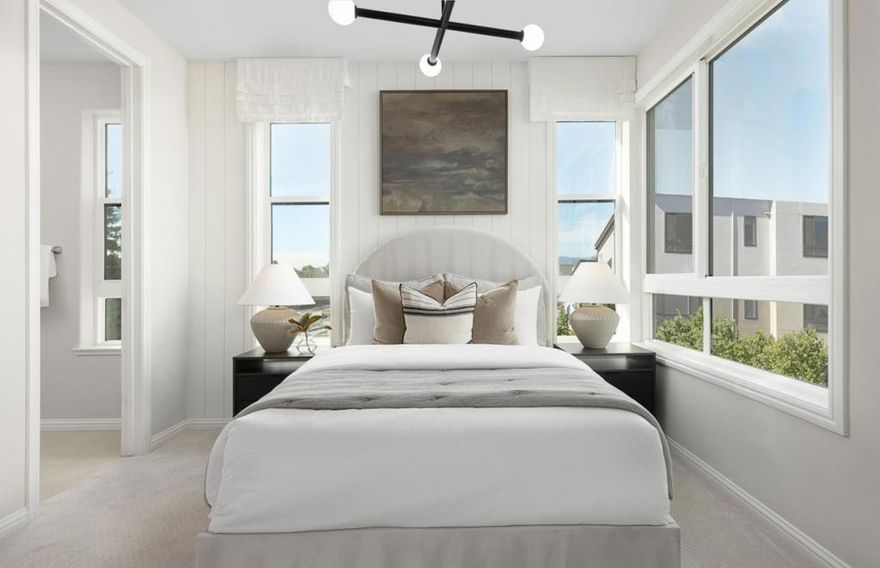 This contemporary home is the epitome of serenity yet centrally located to major tech hubs, downtown, restaurants, and shopping.   Five minutes' walk to Seven Seas Park and VTA.  Four minutes to 237 & 101. Upgraded with designer finishes and solar. Photos are of model home not of actual home.
