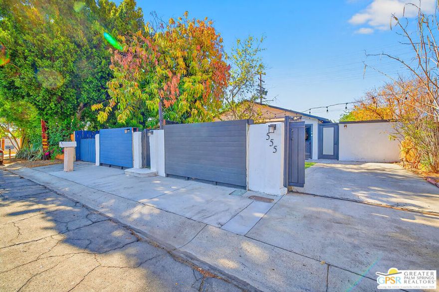 Welcome to 555 E Calle Rocca in sunny Palm Springs a fully renovated duplex that effortlessly blends vintage charm with modern convenience. With a total of 1,830 square feet of living space, this flexible property includes two separate units, each featuring 2 spacious bedrooms and 2 full bathrooms. Originally built in 1946, the home has been thoughtfully updated while preserving the iconic Palm Springs vibe. Currently used as a short-term vacation rental, this duplex offers a unique investment opportunity or the perfect layout for multi-generational living, seasonal getaways, or a stylish owner-occupant setup with income potential. Both units enjoy private, gated front yards that welcome you with desert landscaping and charm, as well as separate side yards ideal for outdoor entertaining, lounging, or soaking in the sunshine with friends and guests. The smart layout ensures privacy between units while offering plenty of room to host, relax, or rent. Inside, enjoy modern updates that complement the retro aesthetic, giving this home the true Palm Springs feel that visitors and locals alike adore. Located just minutes from the heart of Downtown Palm Springs, you'll be close to world-class dining, shopping, hiking, and entertainment. Whether you're looking for a strong rental property, a stylish retreat, or a unique place to call home, this duplex delivers on location, flexibility, and mid-century flair. Don't miss your chance to own this desert gem!