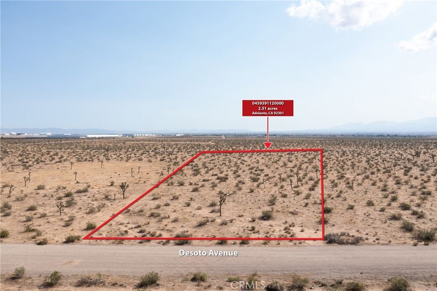 ***RUDUCE PRICE*** ***REDUCED PRICE*** ***REDUCED PRICE*** 

Spacious 2.515-acre lot located on De Soto Avenue in Adelanto, CA. This parcel offers a great opportunity for investment or future development in the growing High Desert area. The property features flat, usable land with plenty of potential. Listed at $25,000 cash only, the seller is highly motivated and ready to make a deal. DONT'S MISS THIS CHANCE TO OWN AFFORDABLE ACREAGE IN SAN BERNARDINO COUNTRY!!!