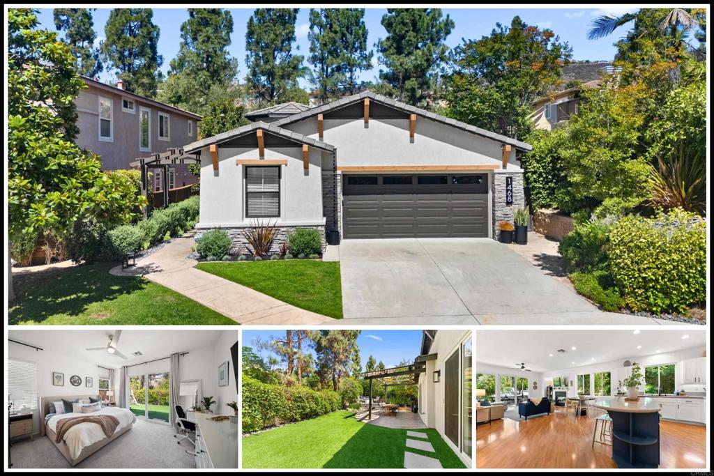 Rarely available SINGLE STORY home with an amazing location right in the heart of San Elijo Hills! Recently upgraded with premium stonework and custom wood corbels, this single level home exudes a welcoming charm and stunning curb appeal. Enjoy a completely refreshed interior featuring new lighting, stylish fixtures, modern fans, updated hardware, updated paint, updated Kitchen-Aid brand appliances, new carpeting in the bedrooms, and a fully remodeled guest bathroom featuring a Kohler soaking tub. The solar system with 125% power production, newer water heater, smart garage door, and updated furnace ensure convenience and comfort. The backyard is a tranquil retreat with views of surrounding trees, newly added high-quality turf and lush landscaping, including succulents, ferns, and a lime tree. Ideally located in "lower San Elijo Hills" close proximity to the heart of Town, shops, schools, parks, and scenic hiking trails. Zoned for San Elijo Elementary, San Elijo Middle, and San Marcos High School.
